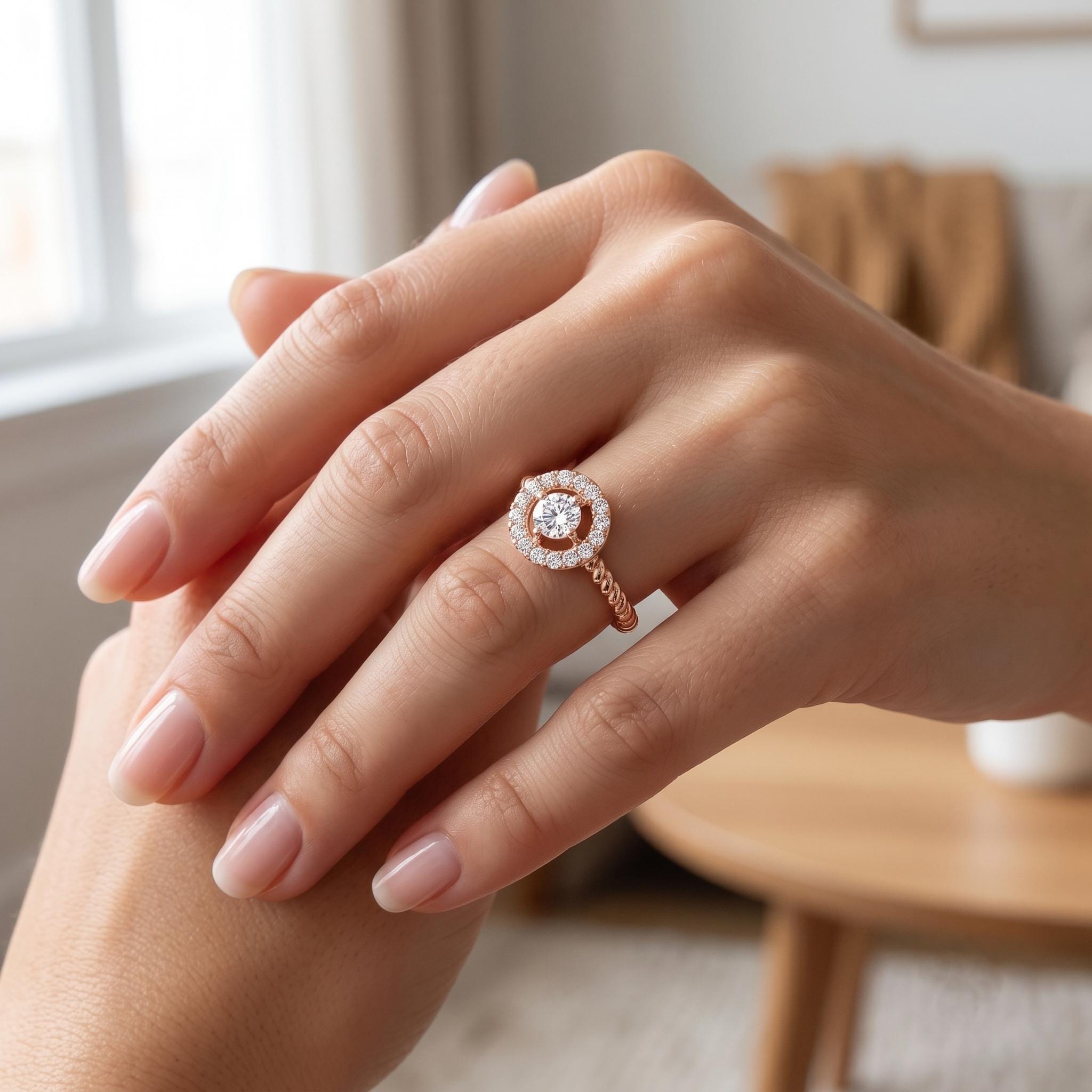 Moissanite Halo Ring, Sterling Silver Twisted Rope Band, Pear Cut Engagement Minimalist Statement Ring