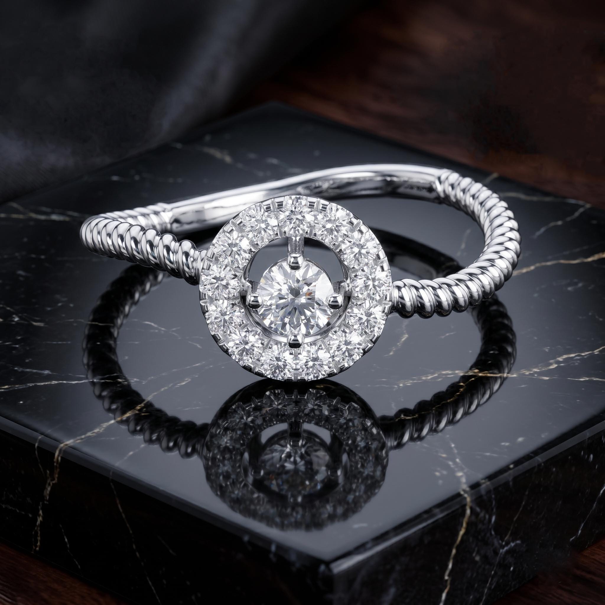 Moissanite Halo Ring, Sterling Silver Twisted Rope Band, Pear Cut Engagement Minimalist Statement Ring
