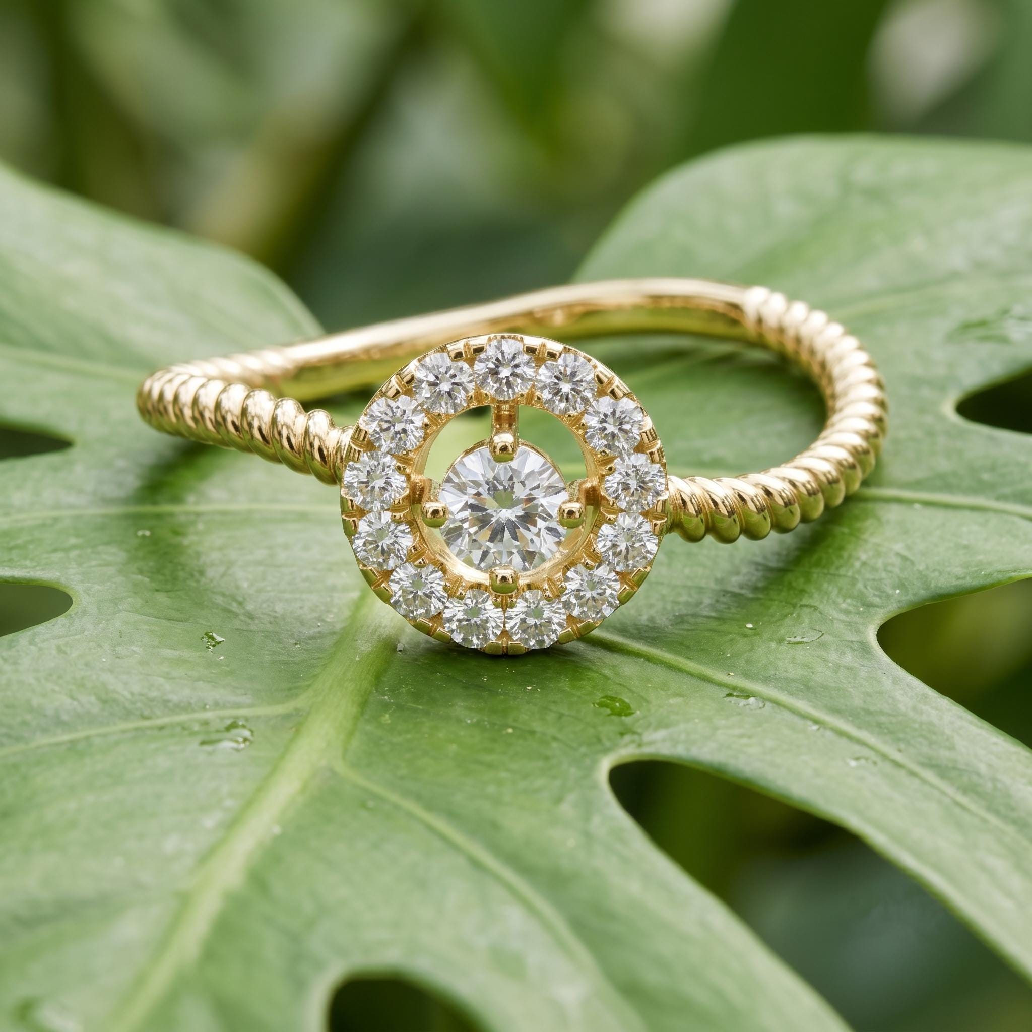 Moissanite Halo Ring, Sterling Silver Twisted Rope Band, Pear Cut Engagement Minimalist Statement Ring