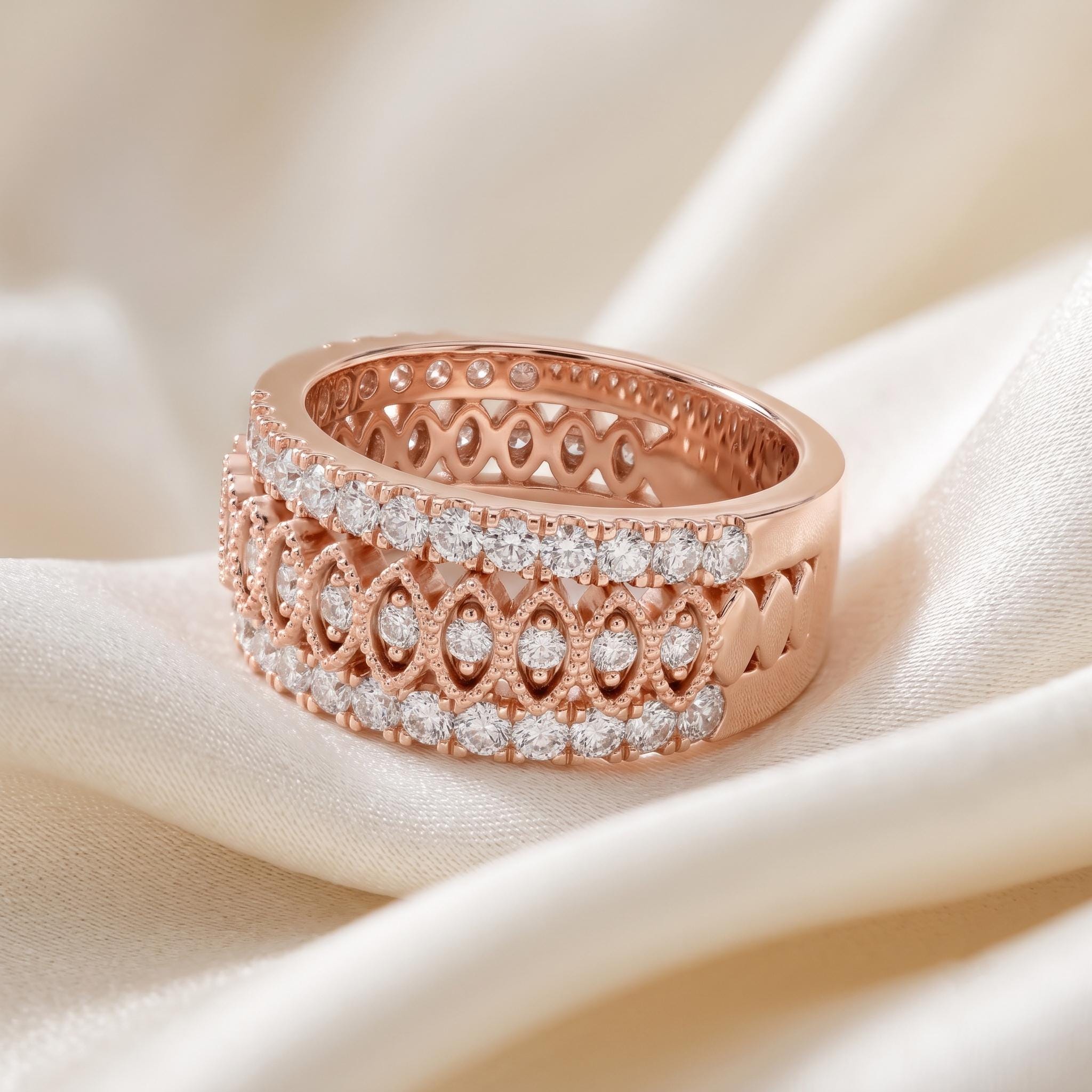 Rose Gold Moissanite Eternity Ring, Vintage Milgrain Cluster Band, Sterling Silver Stacking Statement