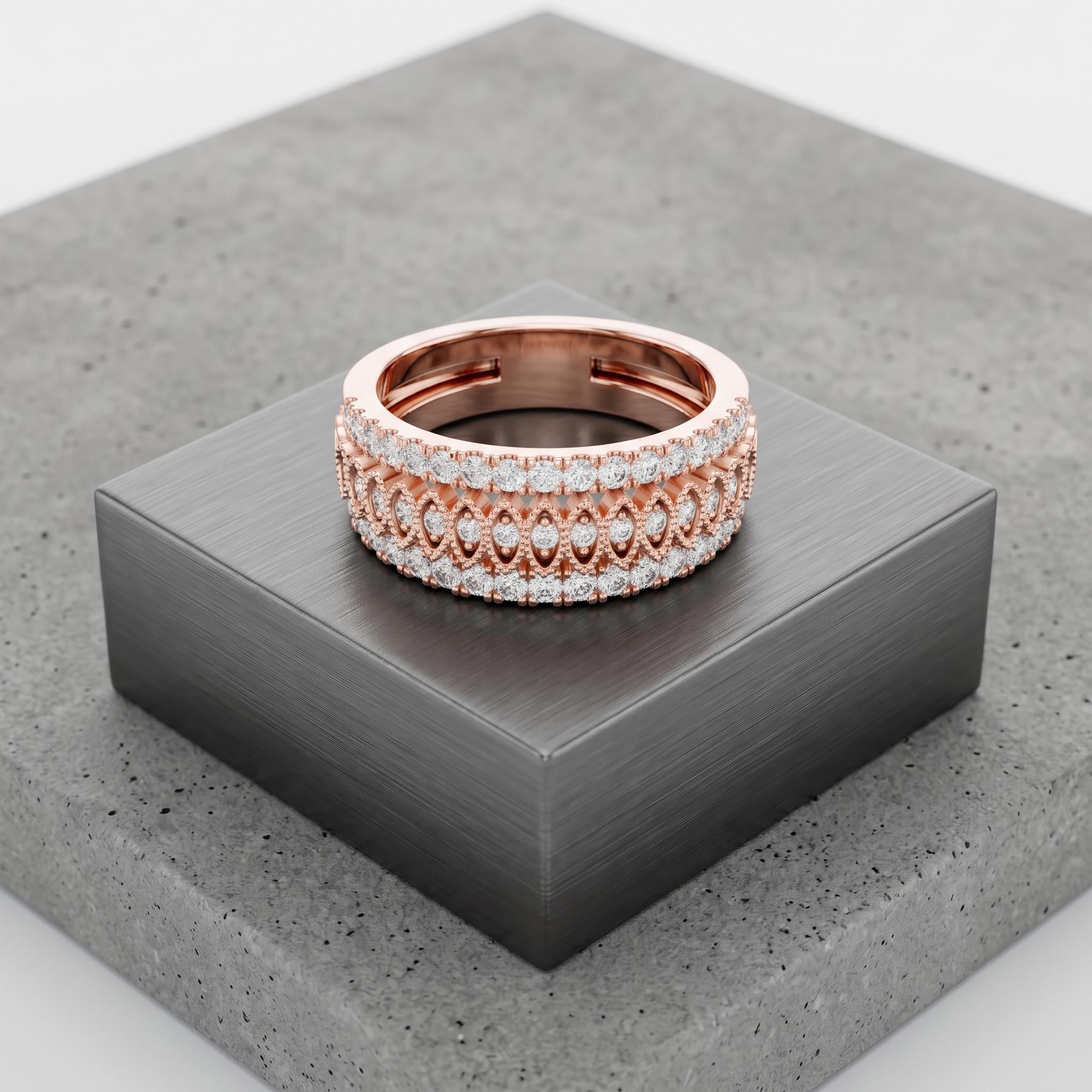 Rose Gold Moissanite Eternity Ring, Vintage Milgrain Cluster Band, Sterling Silver Stacking Statement