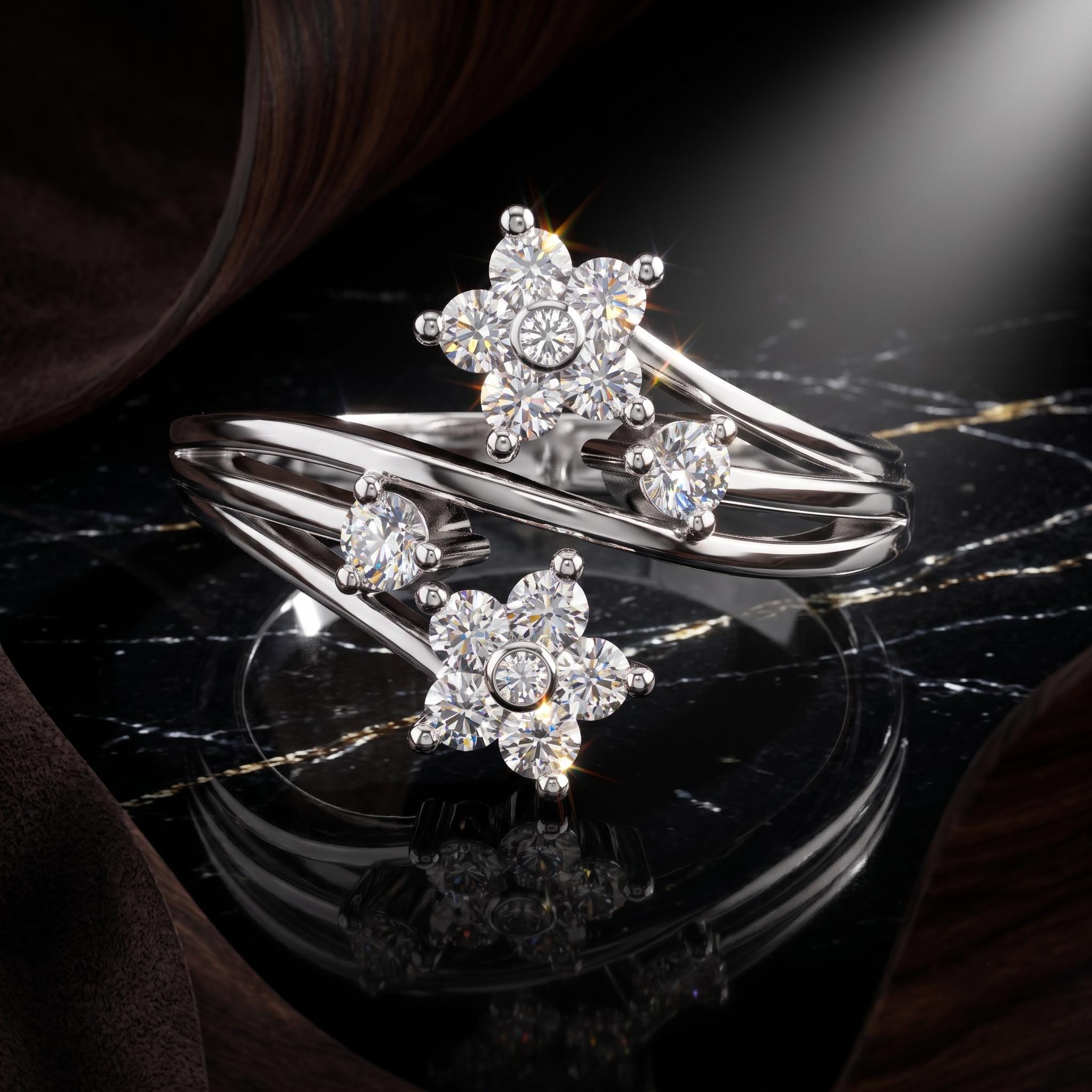 Moissanite Flower Ring, Sterling Silver Floral Cluster, Sparkling Dainty Bypass Ring
