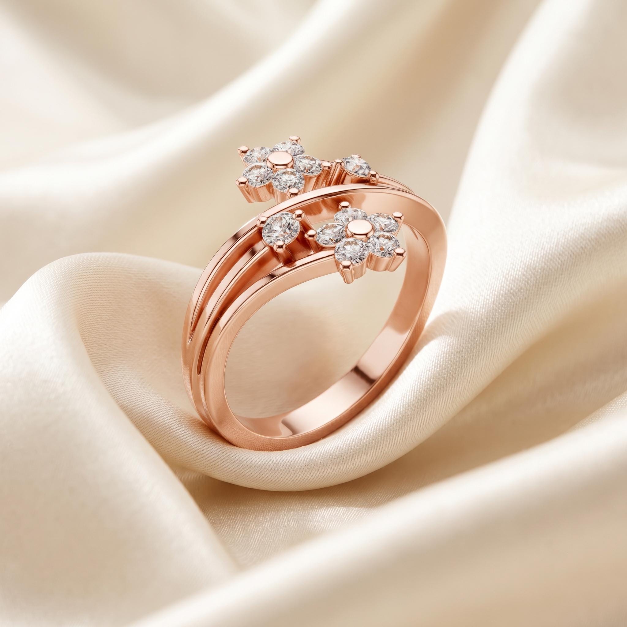 Moissanite Flower Ring, Sterling Silver Floral Cluster, Sparkling Dainty Bypass Ring