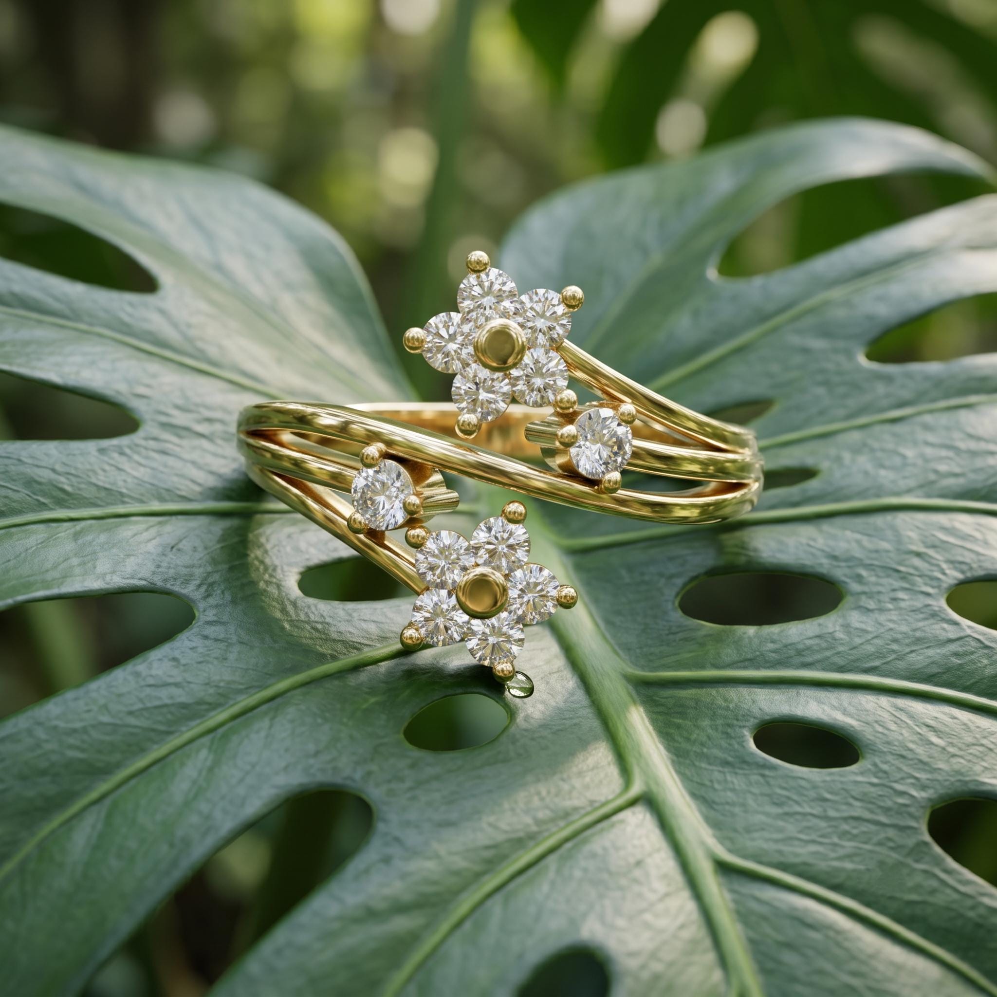 Moissanite Flower Ring, Sterling Silver Floral Cluster, Sparkling Dainty Bypass Ring