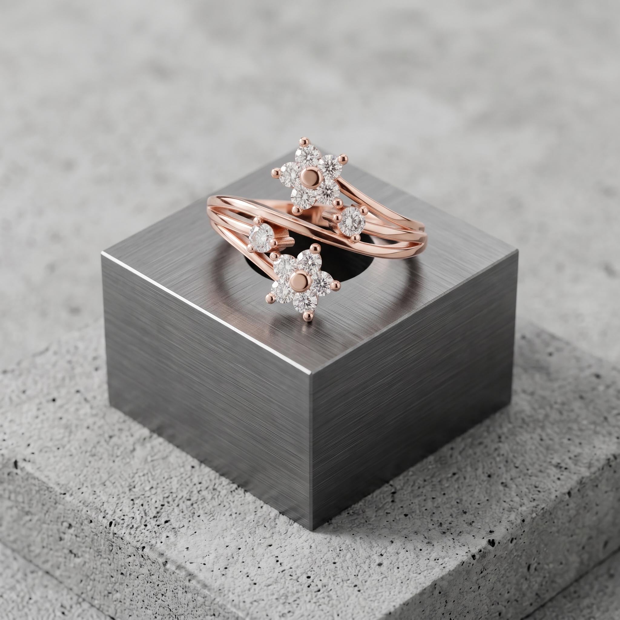 Moissanite Flower Ring, Sterling Silver Floral Cluster, Sparkling Dainty Bypass Ring