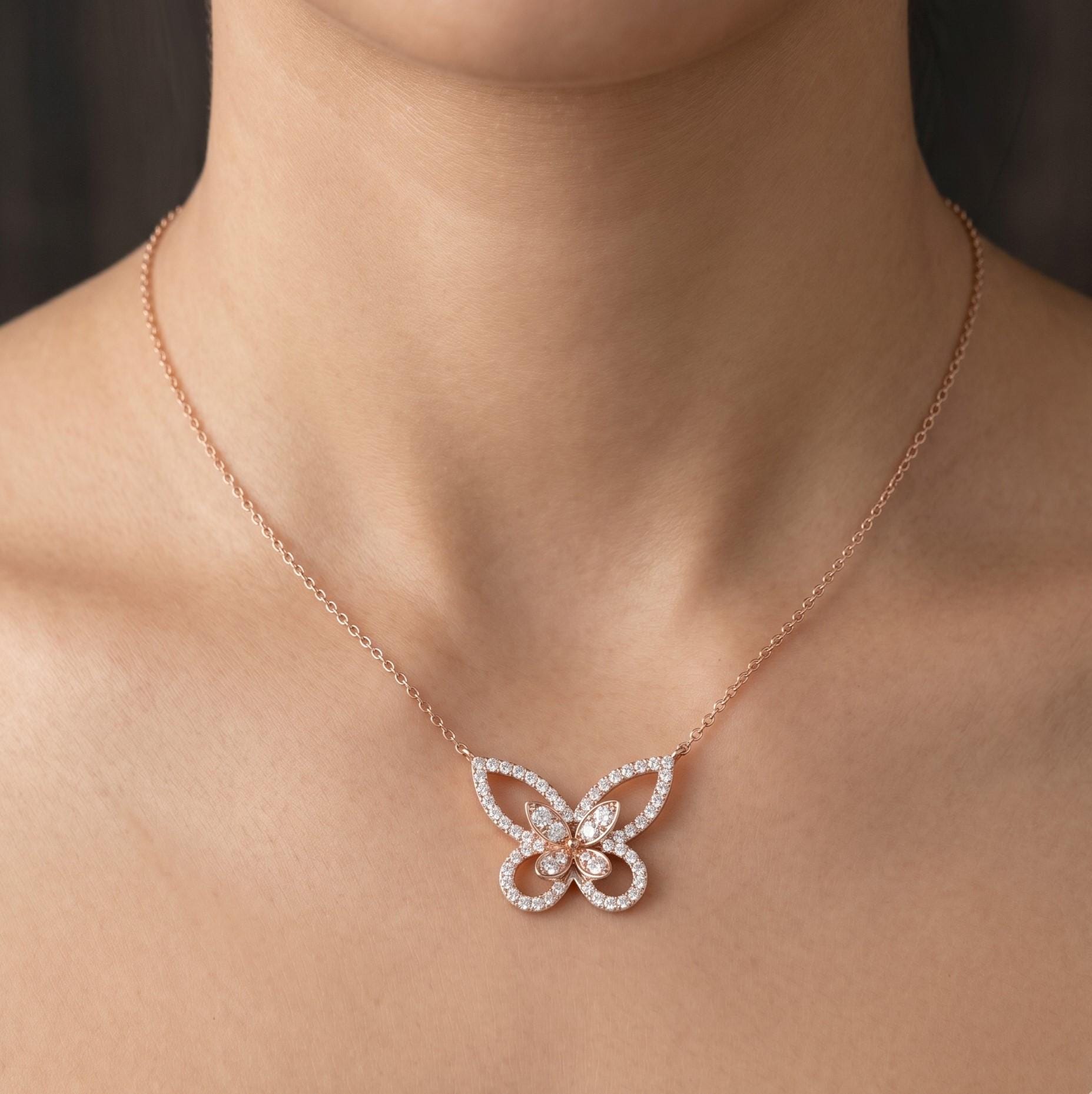 Sterling Silver Moissanite Butterfly Necklace, Dainty Sparkly Nature Jewelry