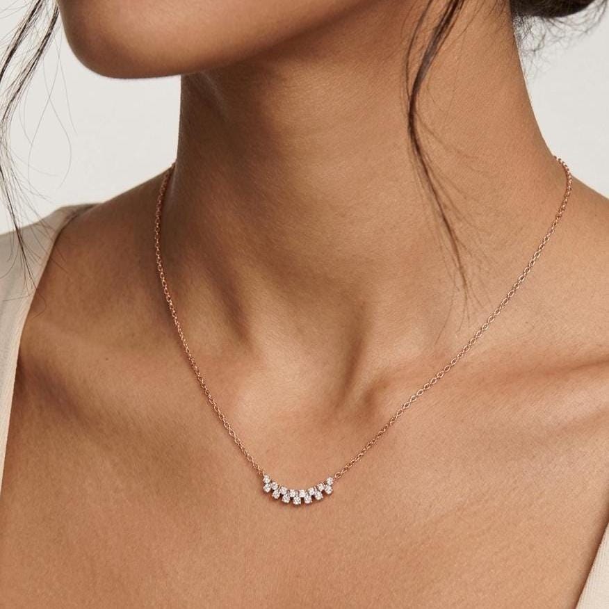 Moissanite Arc Necklace, 925 Sterling Silver, Dainty Graduated Curved Pendant Necklace