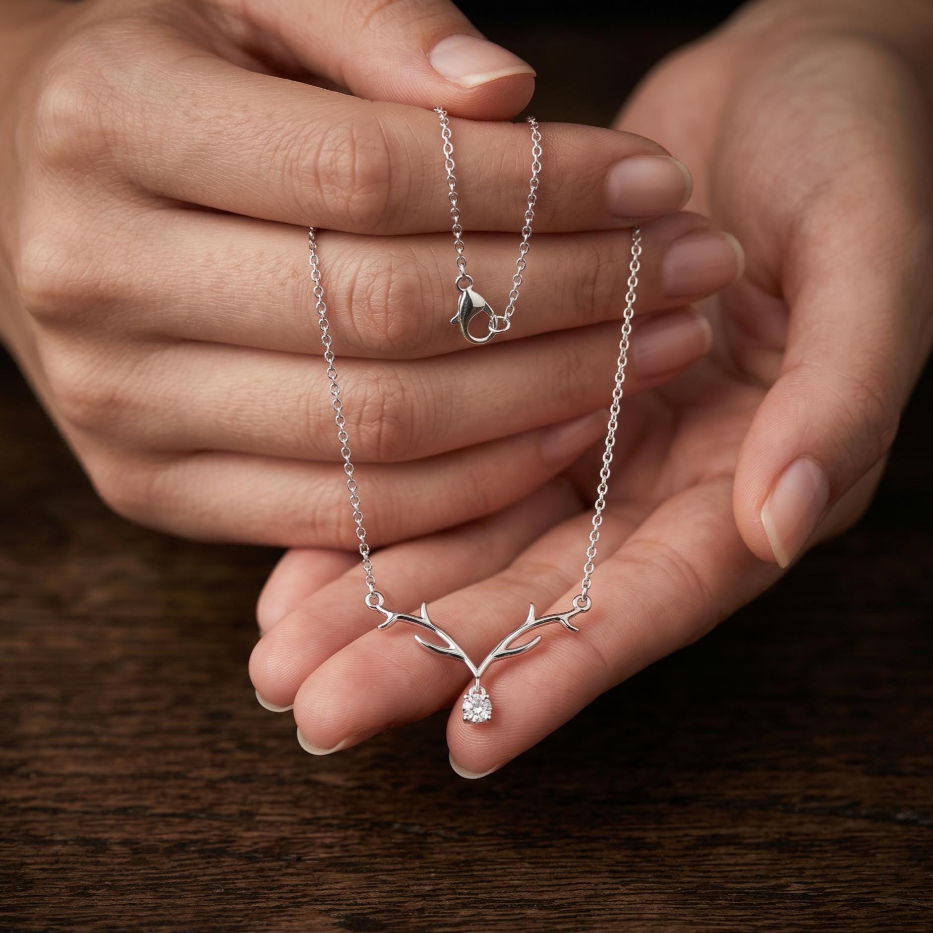 Sterling Silver Moissanite Antler Necklace, Woodland Bridal Jewelry