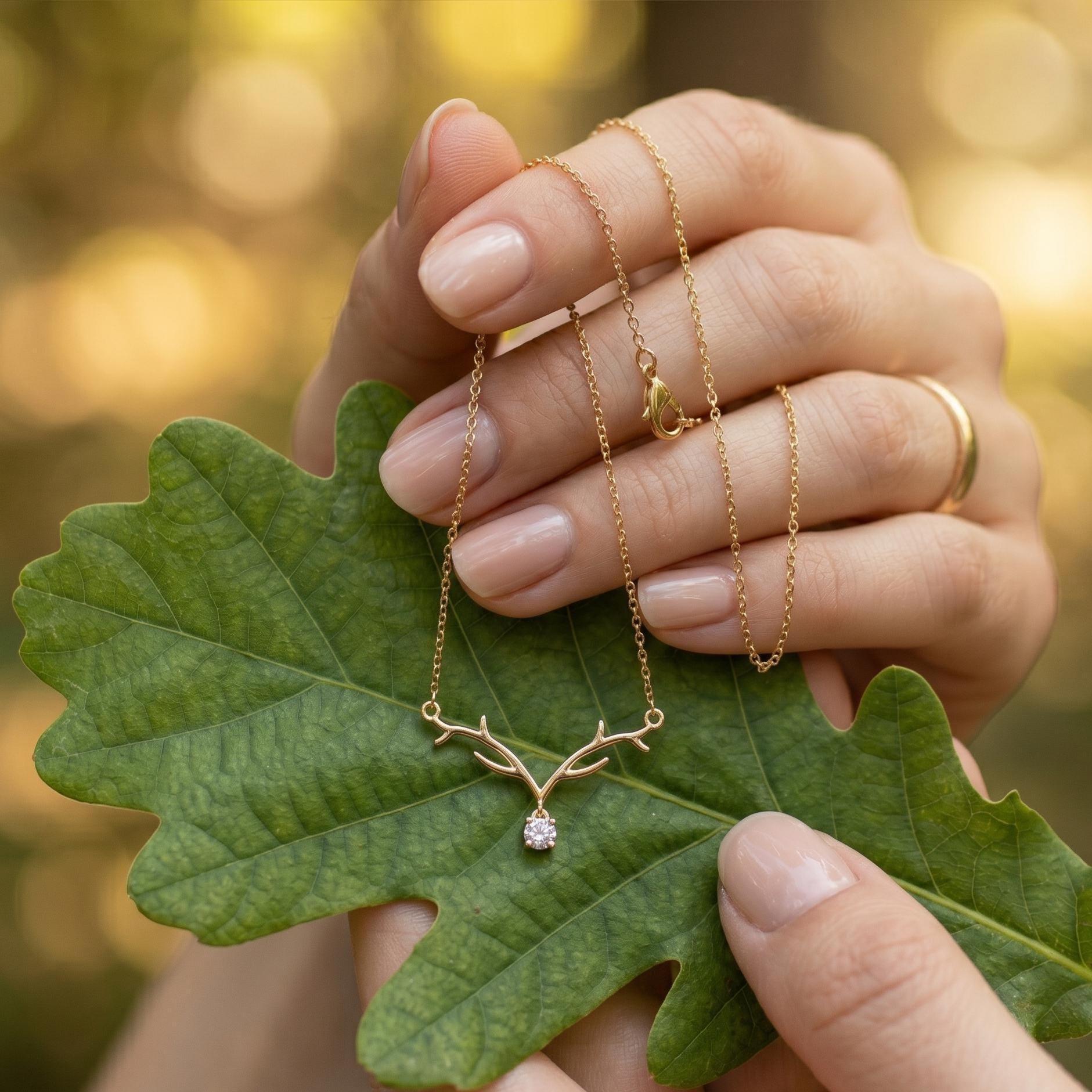Sterling Silver Moissanite Antler Necklace, Woodland Bridal Jewelry