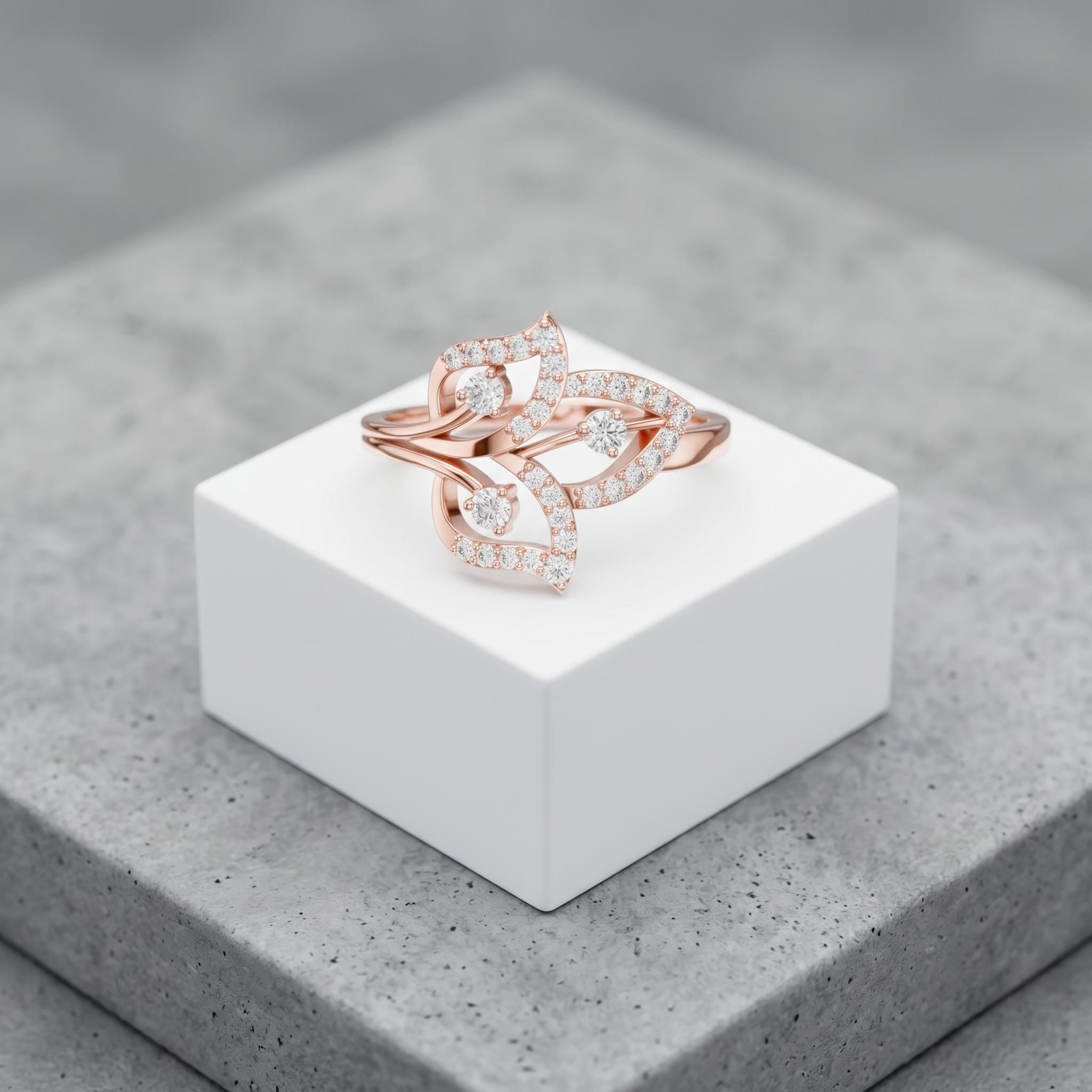 Moissanite Leaf Ring, Sterling Silver Rose Gold Plated, Nature Inspired Bridal Cocktail Ring