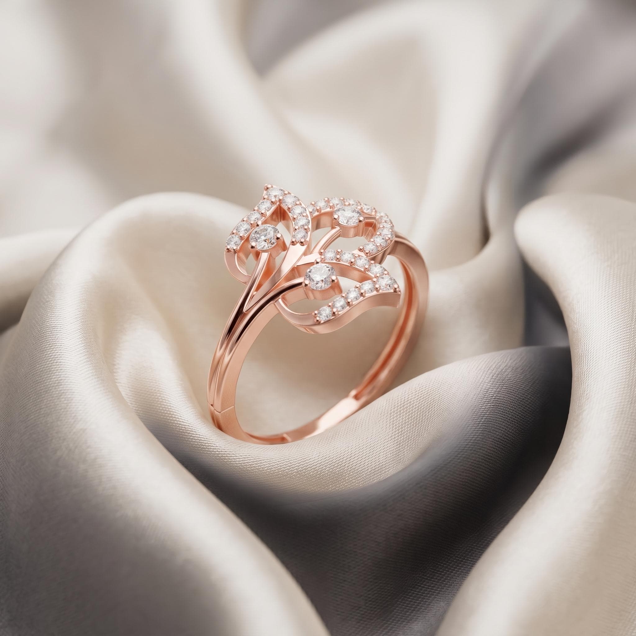 Moissanite Leaf Ring, Sterling Silver Rose Gold Plated, Nature Inspired Bridal Cocktail Ring