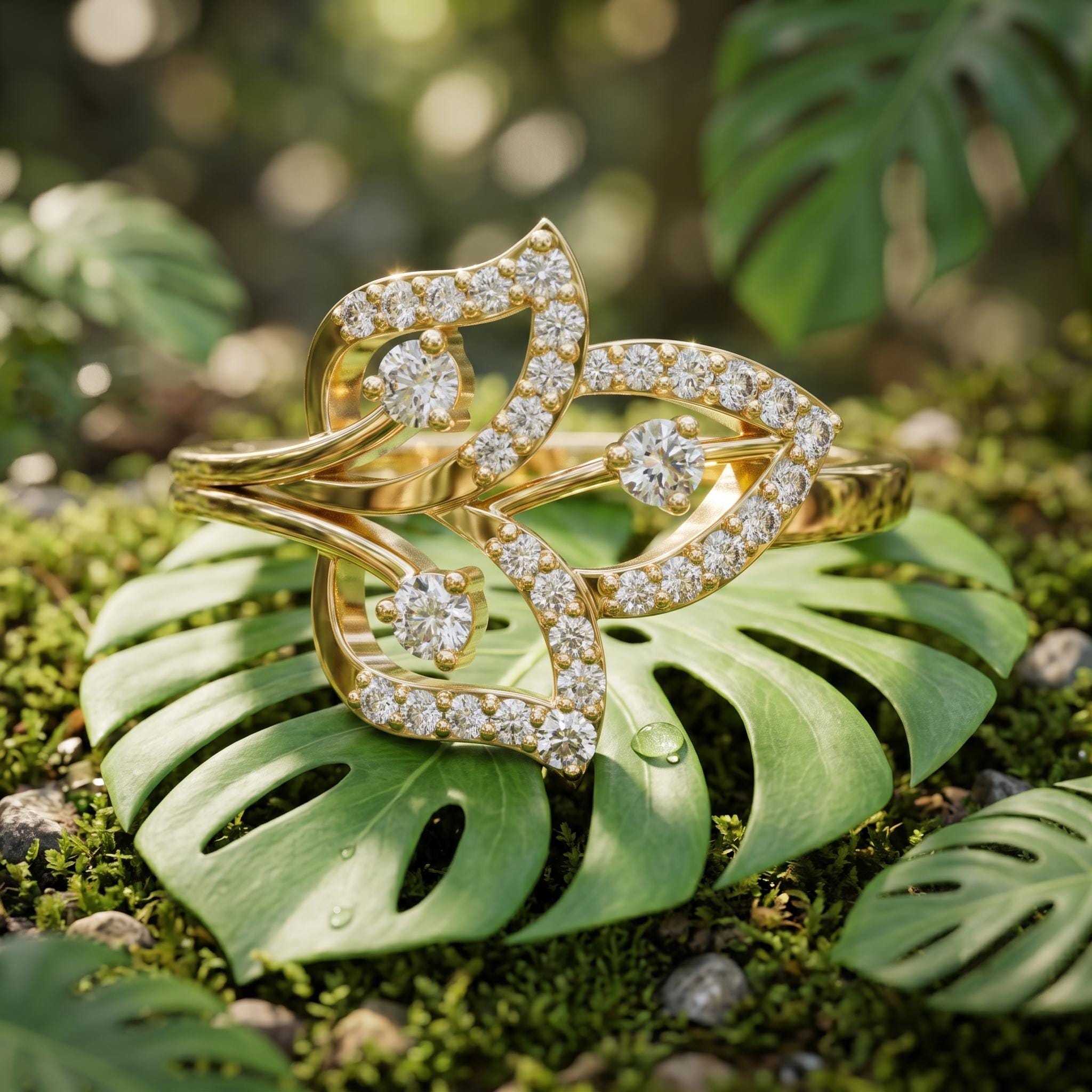 Moissanite Leaf Ring, Sterling Silver Rose Gold Plated, Nature Inspired Bridal Cocktail Ring