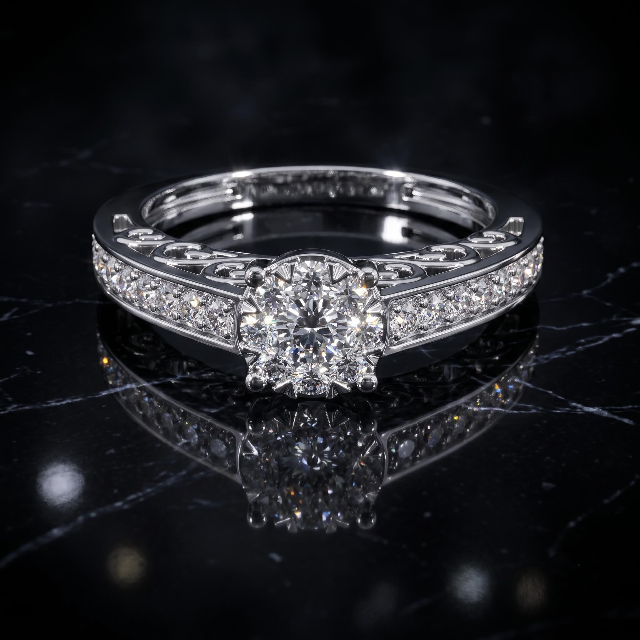 Flower Moissanite Engagement Ring, Sterling Silver Vintage Filigree Band, Romantic Diamond Cluster