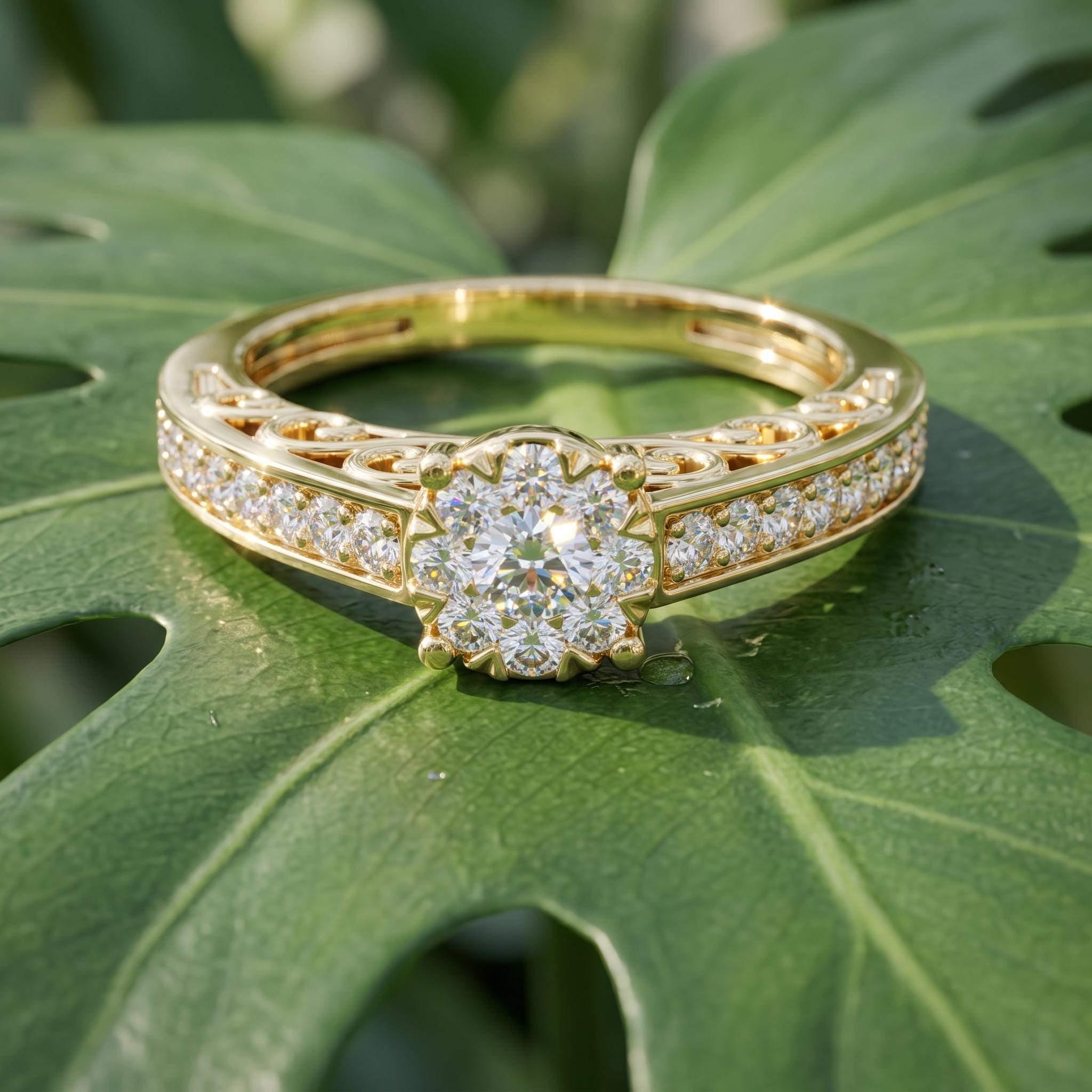Flower Moissanite Engagement Ring, Sterling Silver Vintage Filigree Band, Romantic Diamond Cluster