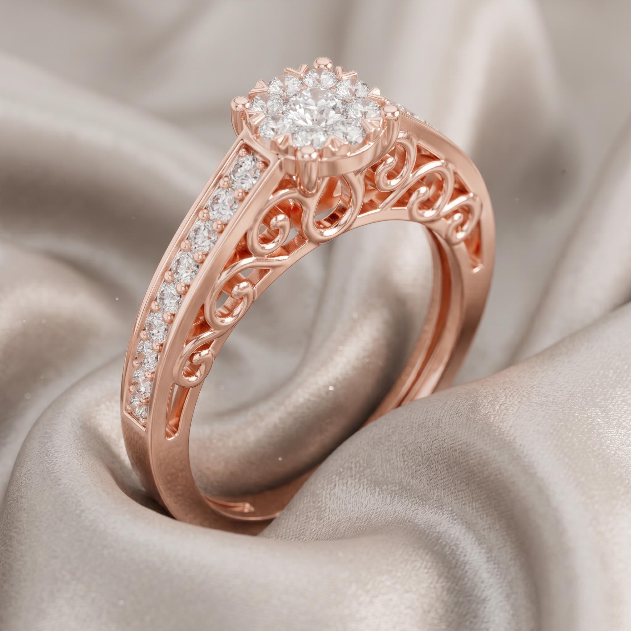 Flower Moissanite Engagement Ring, Sterling Silver Vintage Filigree Band, Romantic Diamond Cluster