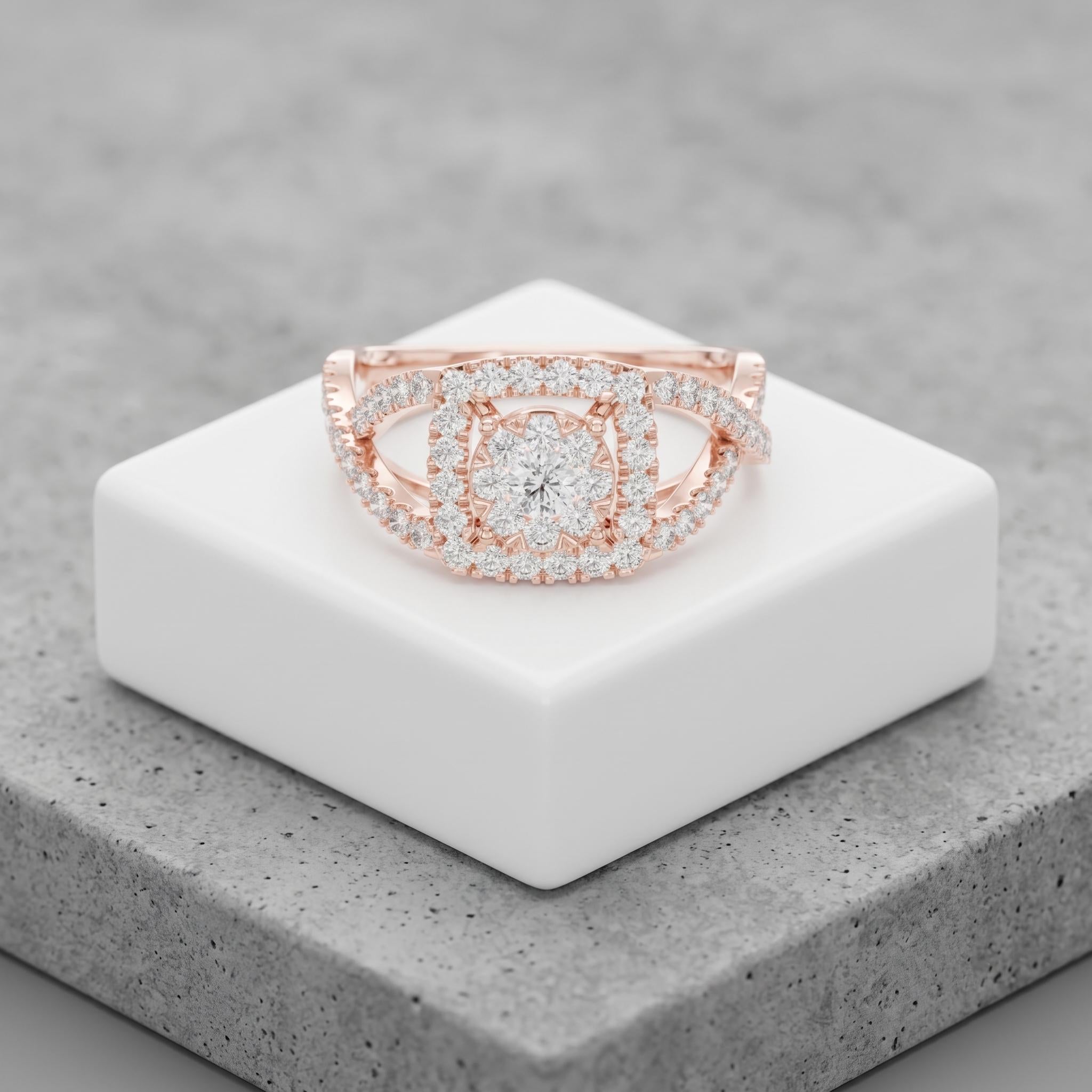 Moissanite Crossover Engagement Ring, Round Halo, 925 Sterling Silver, Twisted Statement Ring