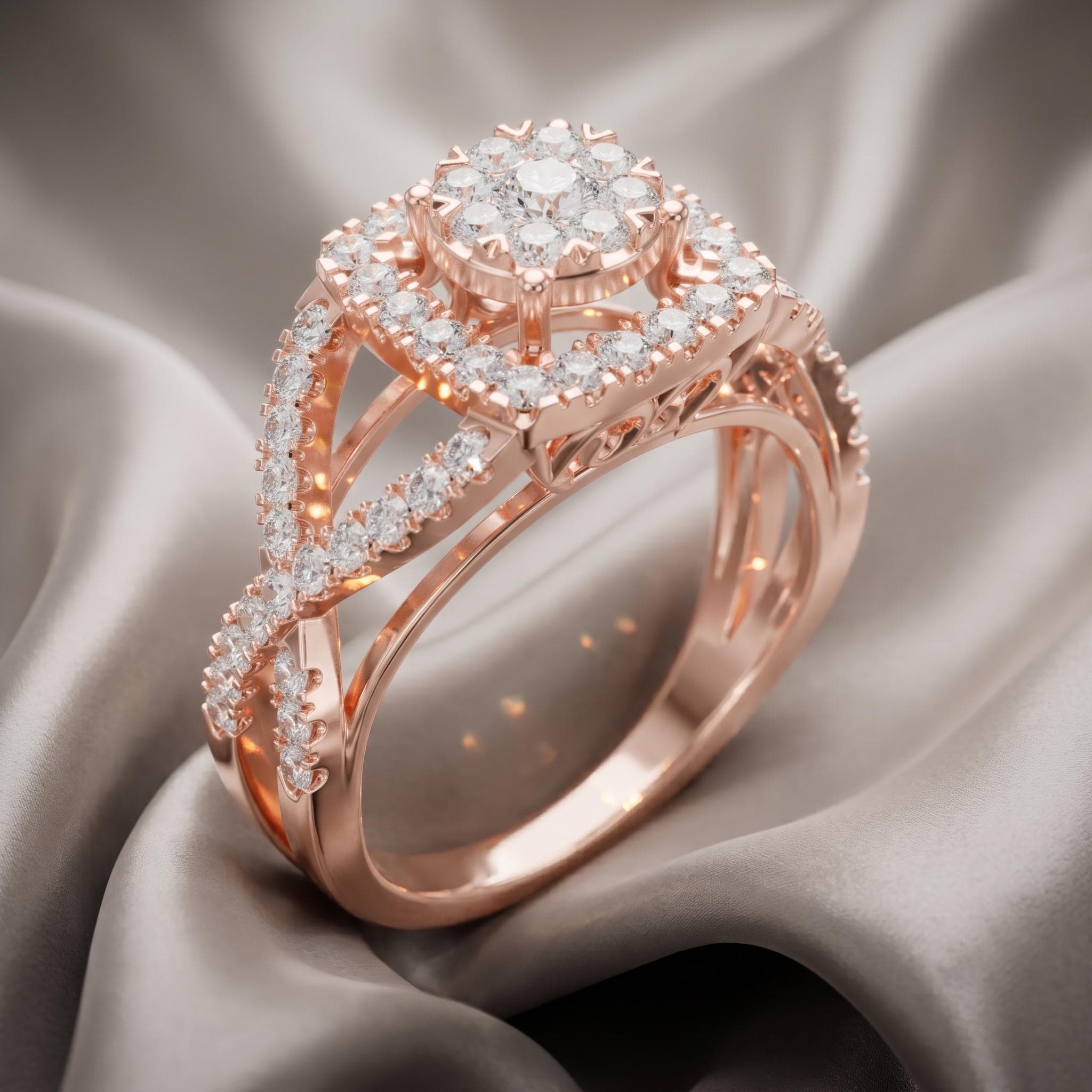 Moissanite Crossover Engagement Ring, Round Halo, 925 Sterling Silver, Twisted Statement Ring