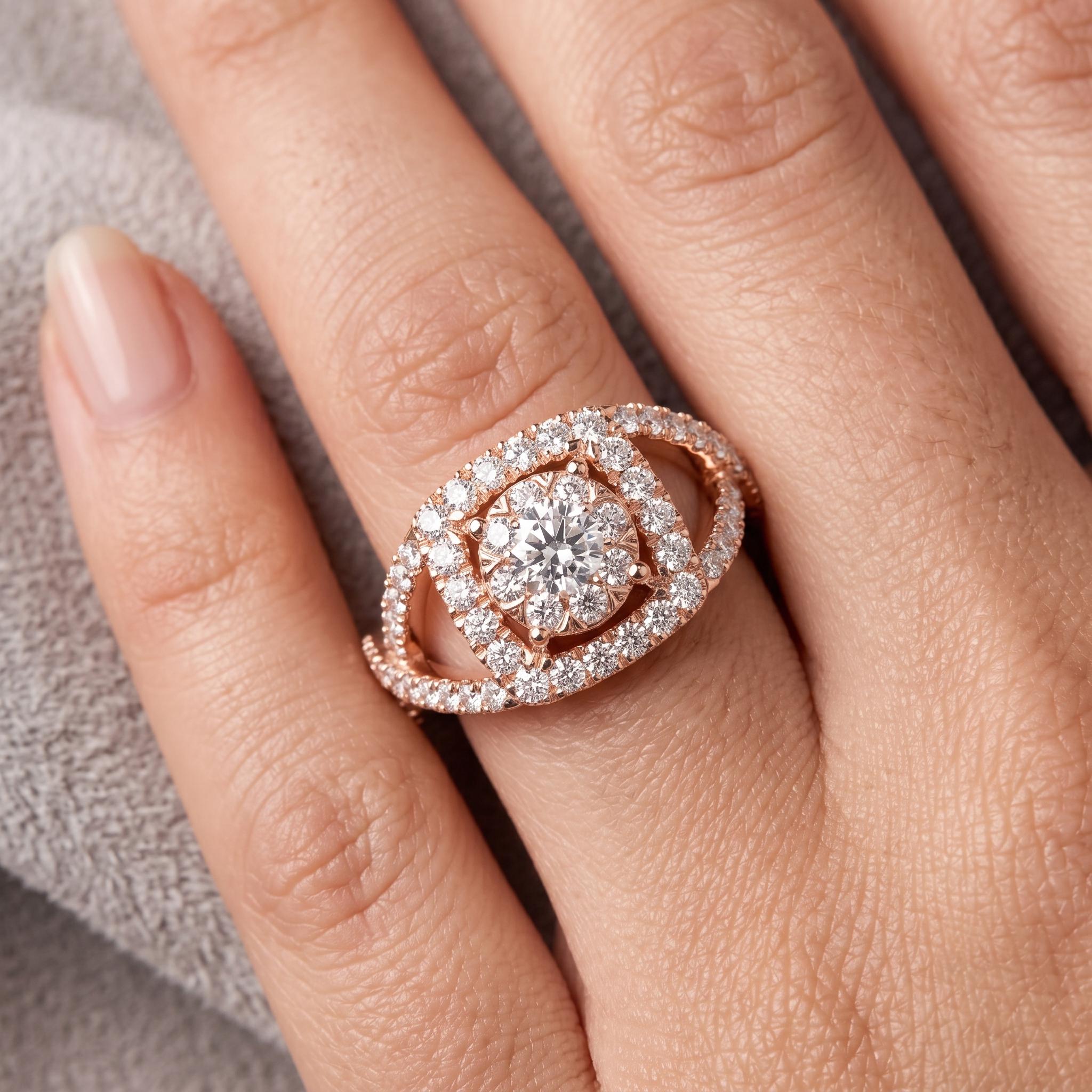 Moissanite Crossover Engagement Ring, Round Halo, 925 Sterling Silver, Twisted Statement Ring