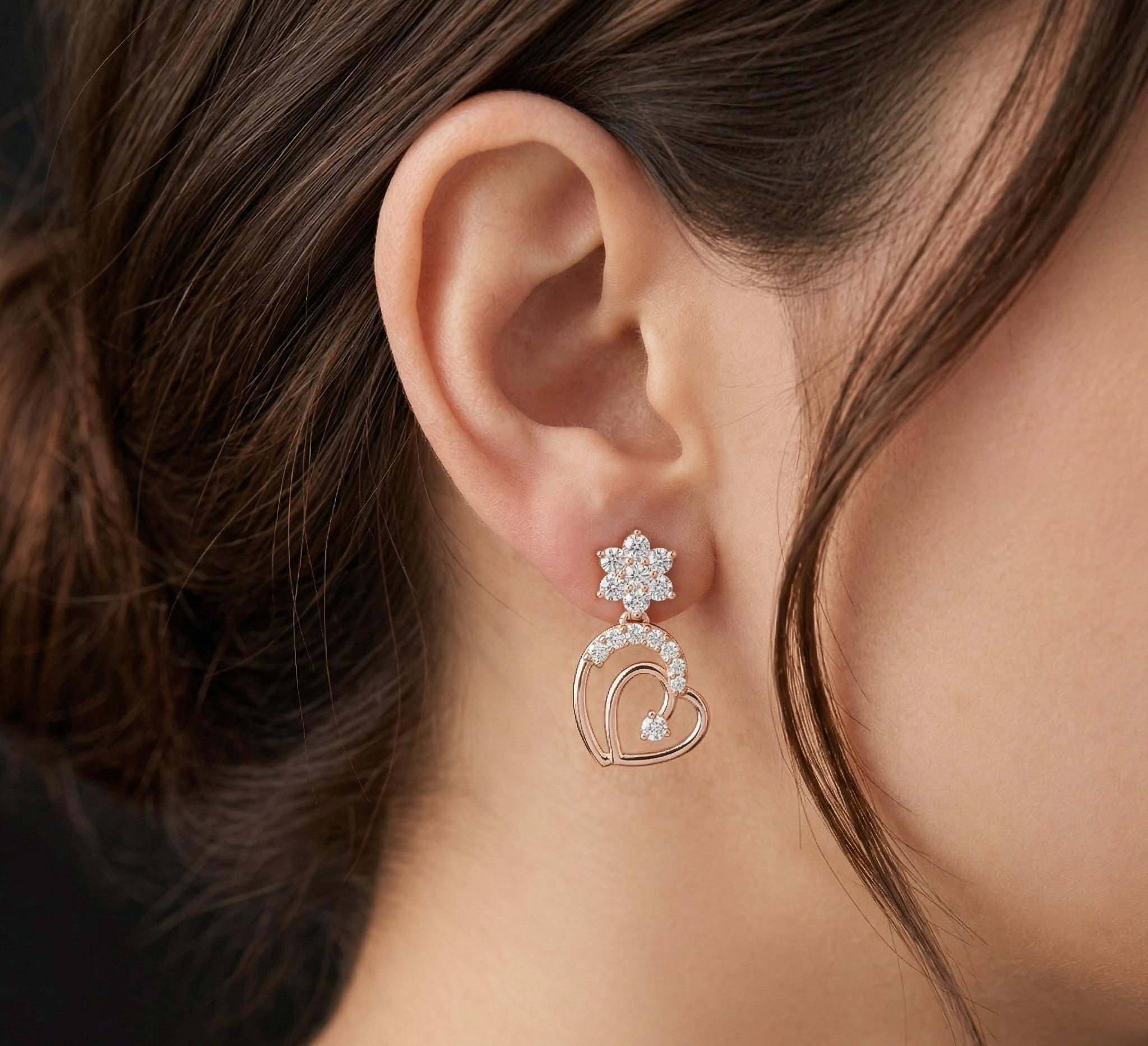 Double Heart Moissanite Stud Earrings, 925 Sterling Silver, Flower Accent, Hypoallergenic, Luxury Fashion Earrings