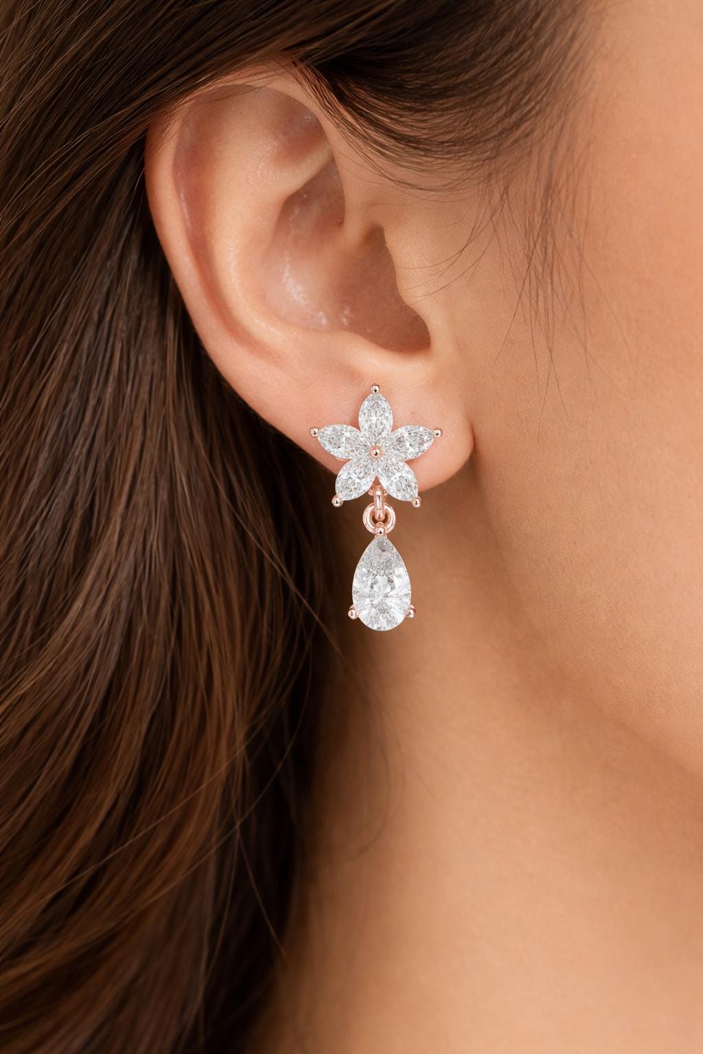 Sterling Silver Floral Pear Moissanite Dangle Earrings, Art Deco Sparkle