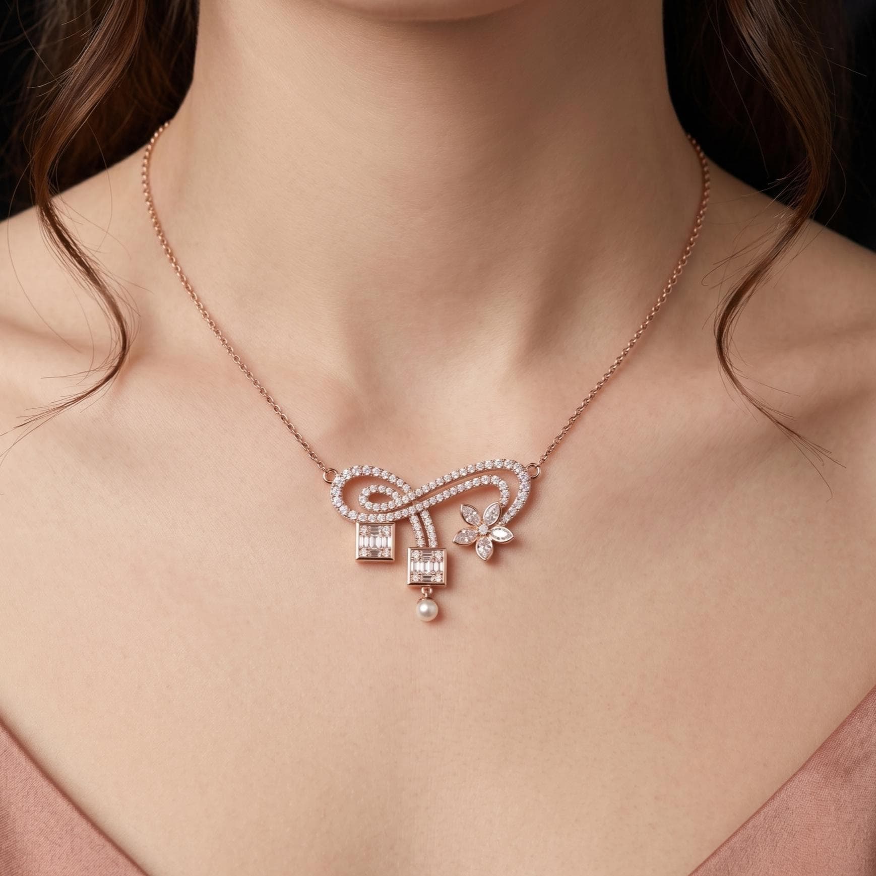 Art Deco Floral Moissanite Pendant Necklace, Sterling Silver Baguette Cluster Necklace