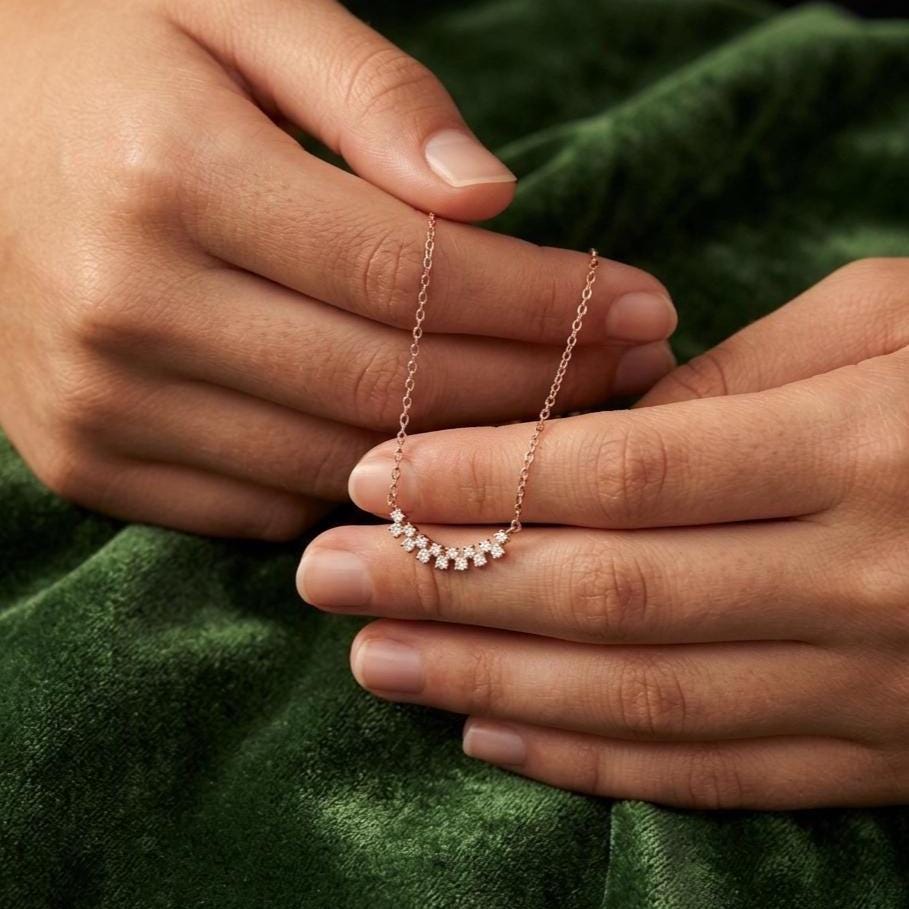 Moissanite Arc Necklace, 925 Sterling Silver, Dainty Graduated Curved Pendant Necklace