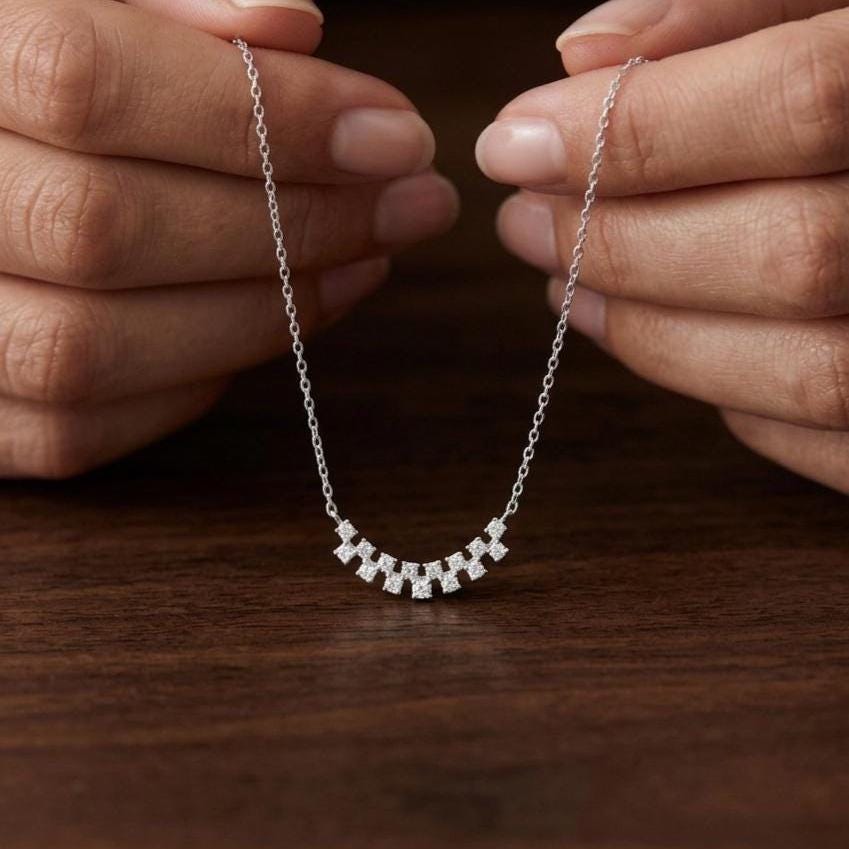 Moissanite Arc Necklace, 925 Sterling Silver, Dainty Graduated Curved Pendant Necklace