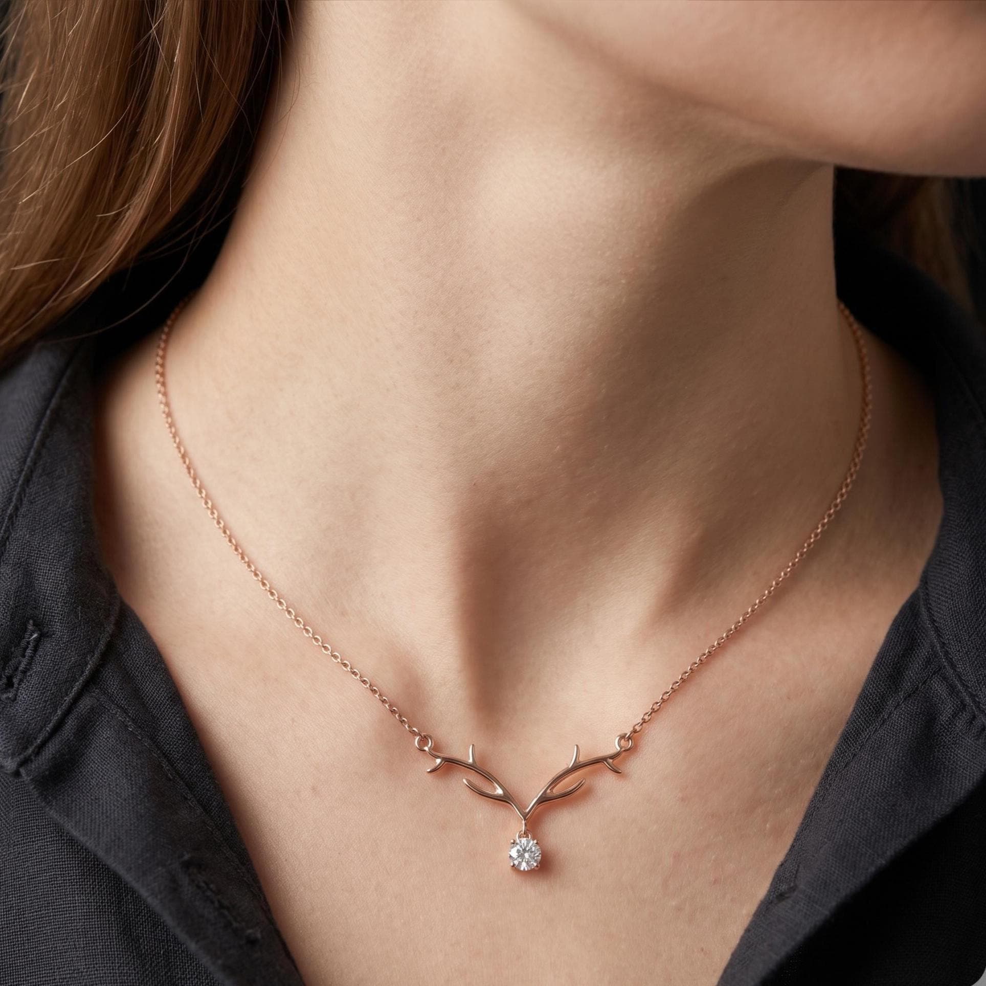 Sterling Silver Moissanite Antler Necklace, Woodland Bridal Jewelry