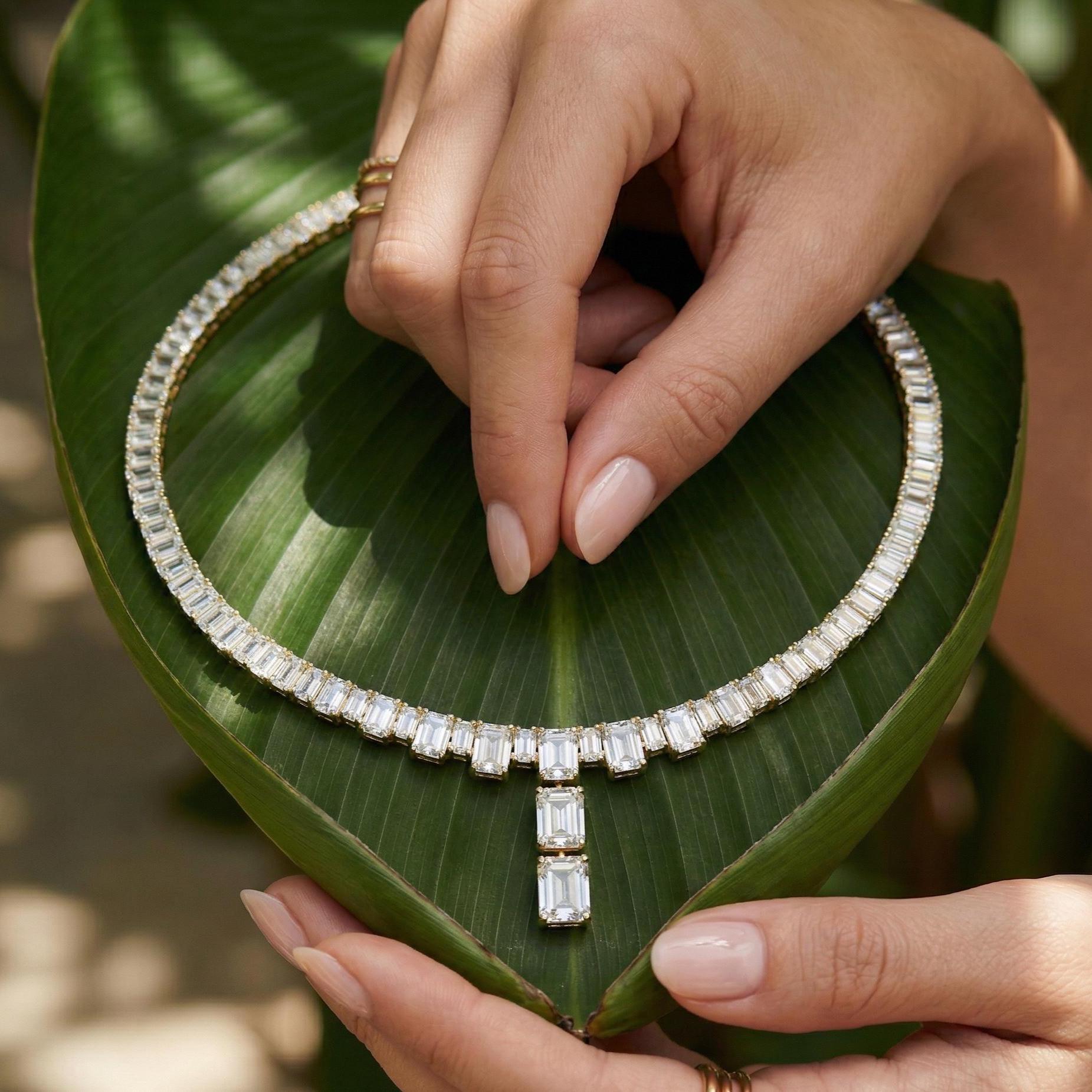 Sterling Silver Emerald Cut Moissanite Necklace, Baguette Tennis Pendant, Bridal Wedding Jewelry