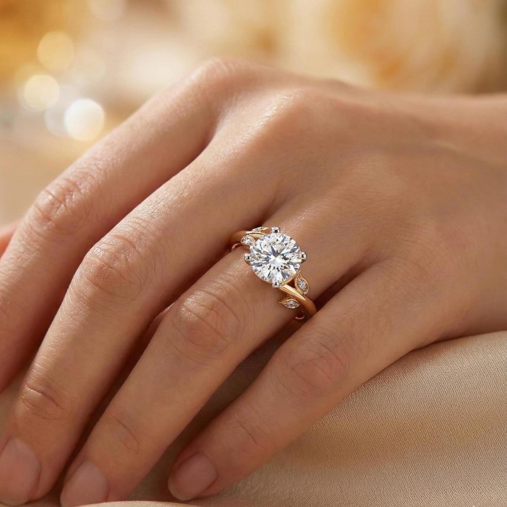 Sterling Silver Moissanite Leaf Engagement Ring, Hidden Halo Bridal Jewelry