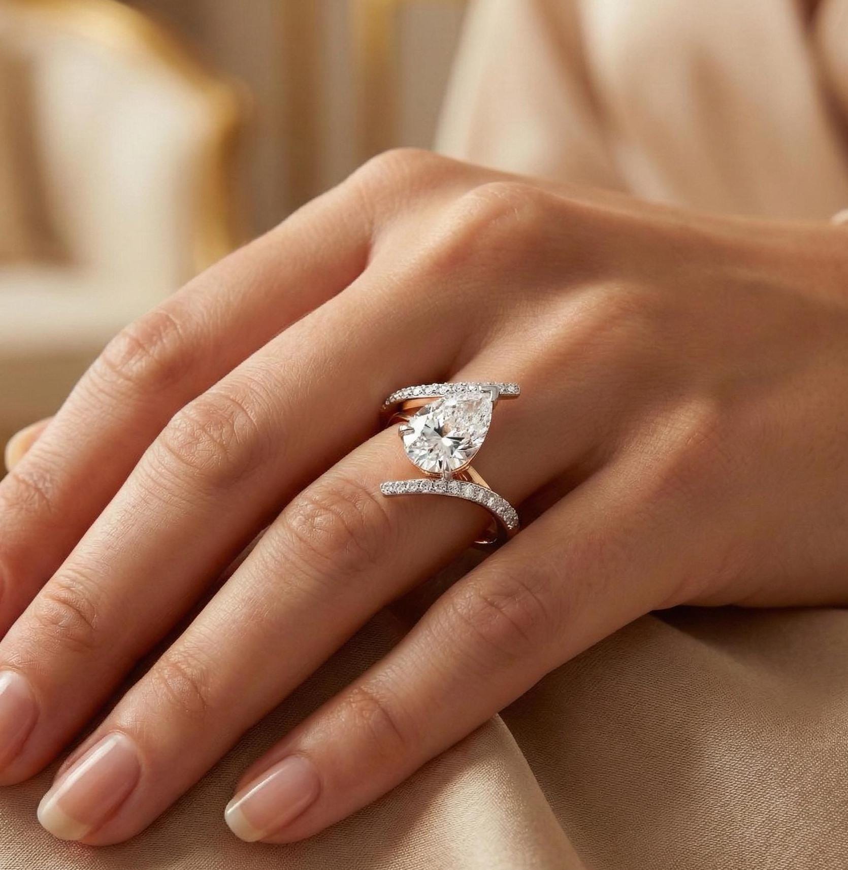 Sterling Silver Pear Moissanite Bypass Eternity Ring, Minimalist Engagement Band