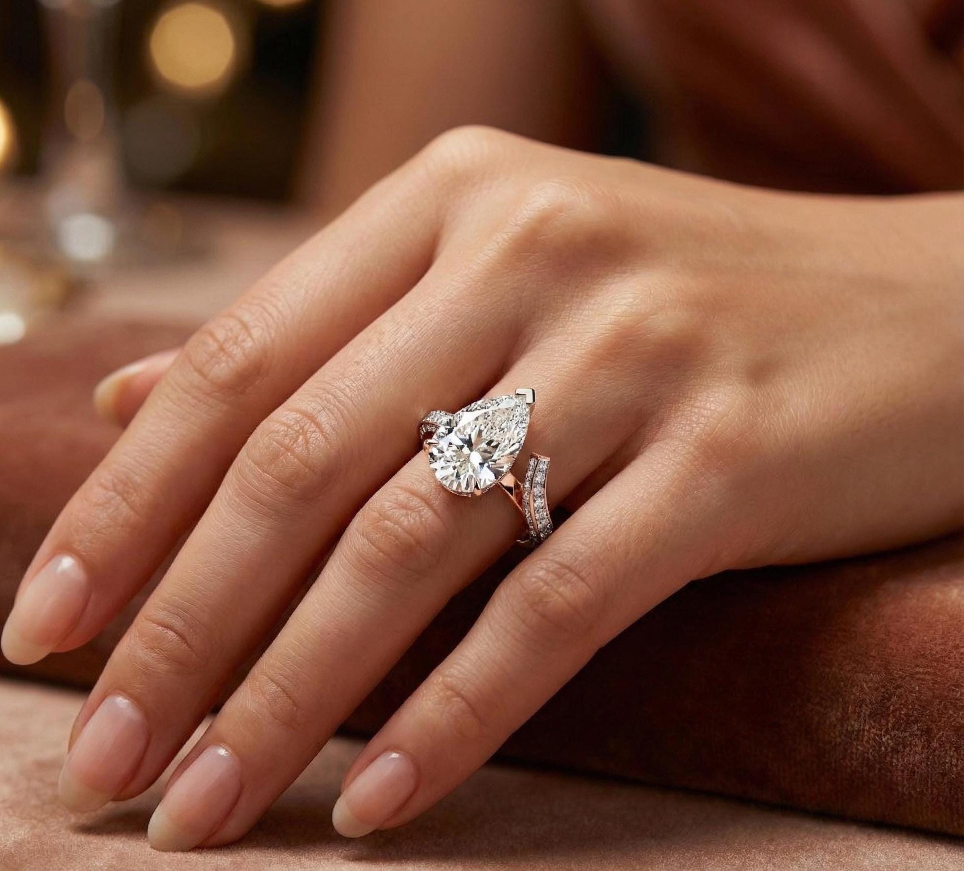 Sterling Silver Pear Moissanite Engagement Ring, Art Deco Bypass Design