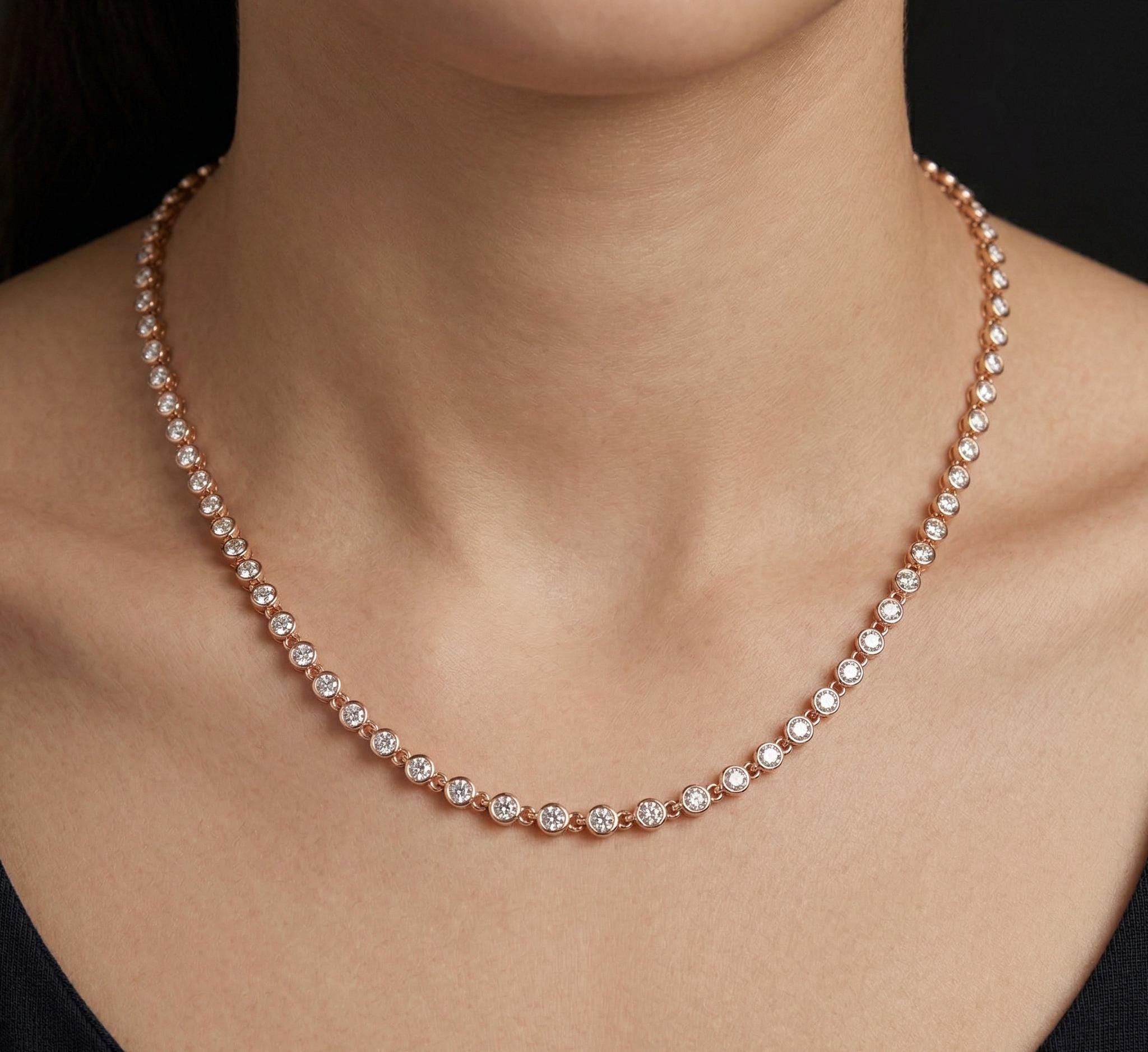 Round Cut Moissanite Tennis Necklace, Sterling Silver, Dainty Bridal Layering Jewelry
