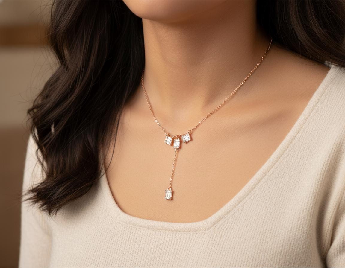 Baguette Moissanite Y Drop Necklace, Sterling Silver Dainty Geometric Pendant, Bridal Sparkle Chain