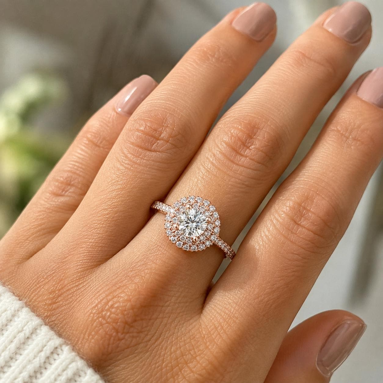 Sterling Silver Moissanite Halo Engagement Ring, Round Cut Sparkling Wedding Promise Gift