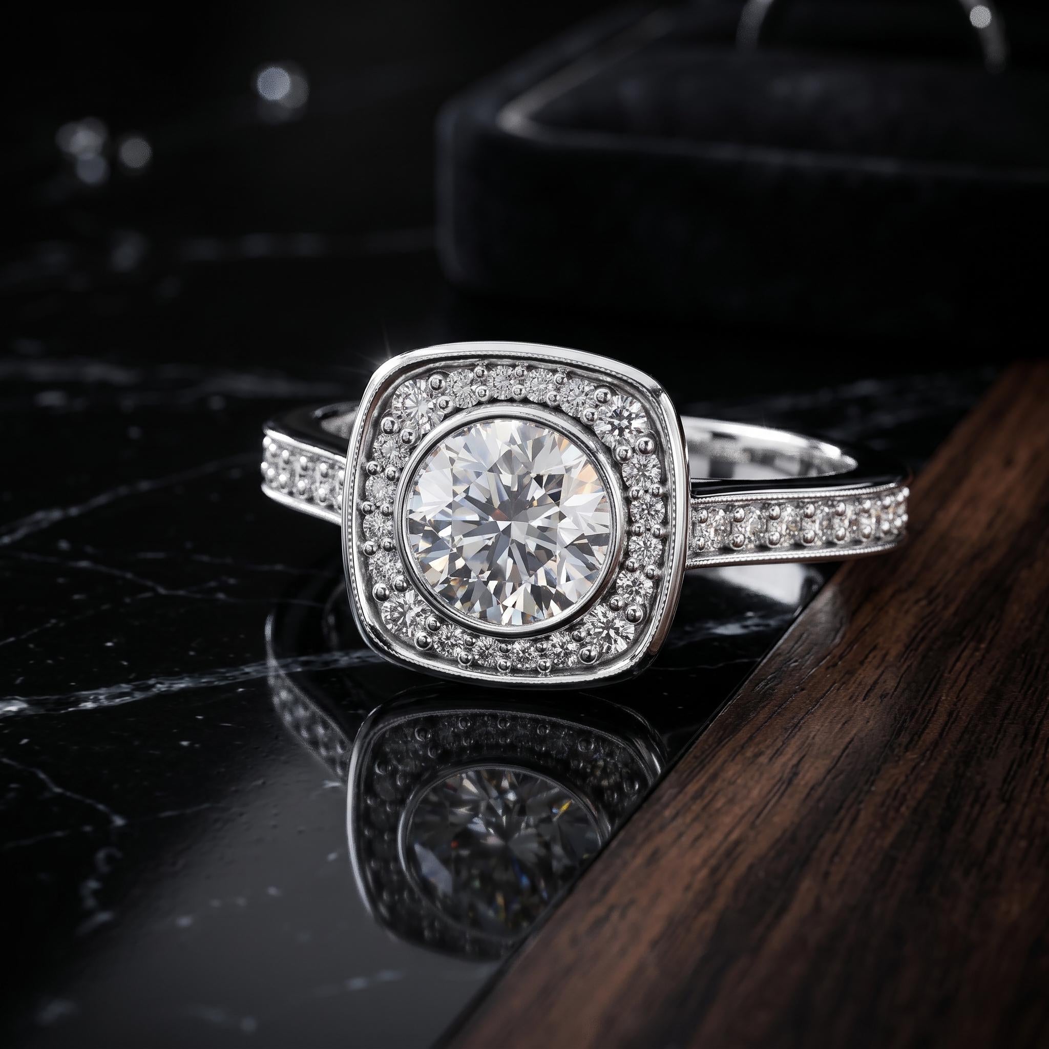 Sterling Silver Moissanite Halo Engagement Ring, Vintage Style Bridal Jewelry