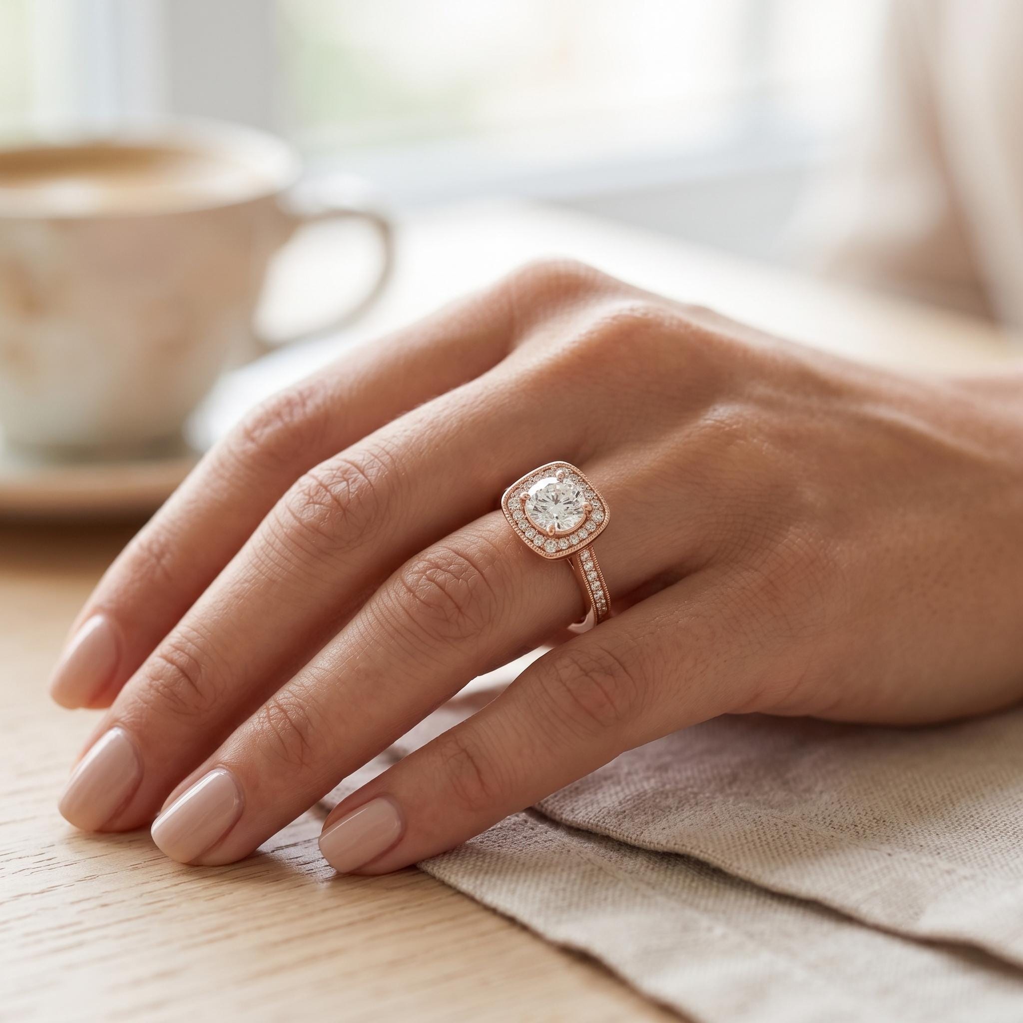 Sterling Silver Moissanite Halo Engagement Ring, Vintage Style Bridal Jewelry