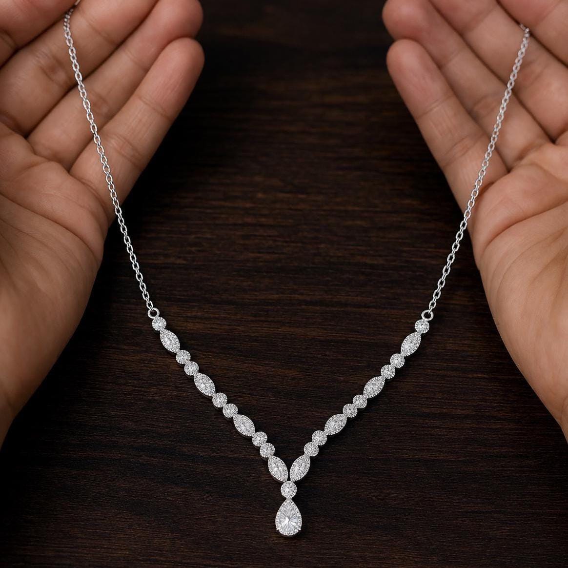 Pear Cut Moissanite Pendant Necklace, 925 Sterling Silver, Dainty Bridal Jewelry