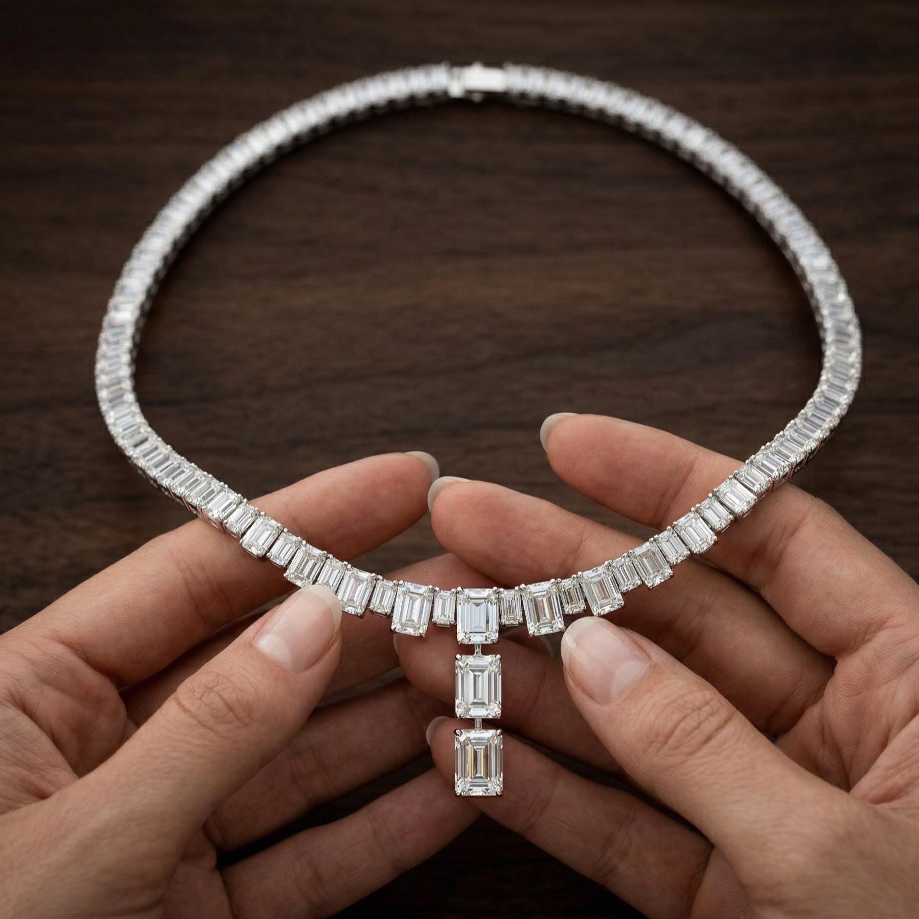 Sterling Silver Emerald Cut Moissanite Necklace, Baguette Tennis Pendant, Bridal Wedding Jewelry