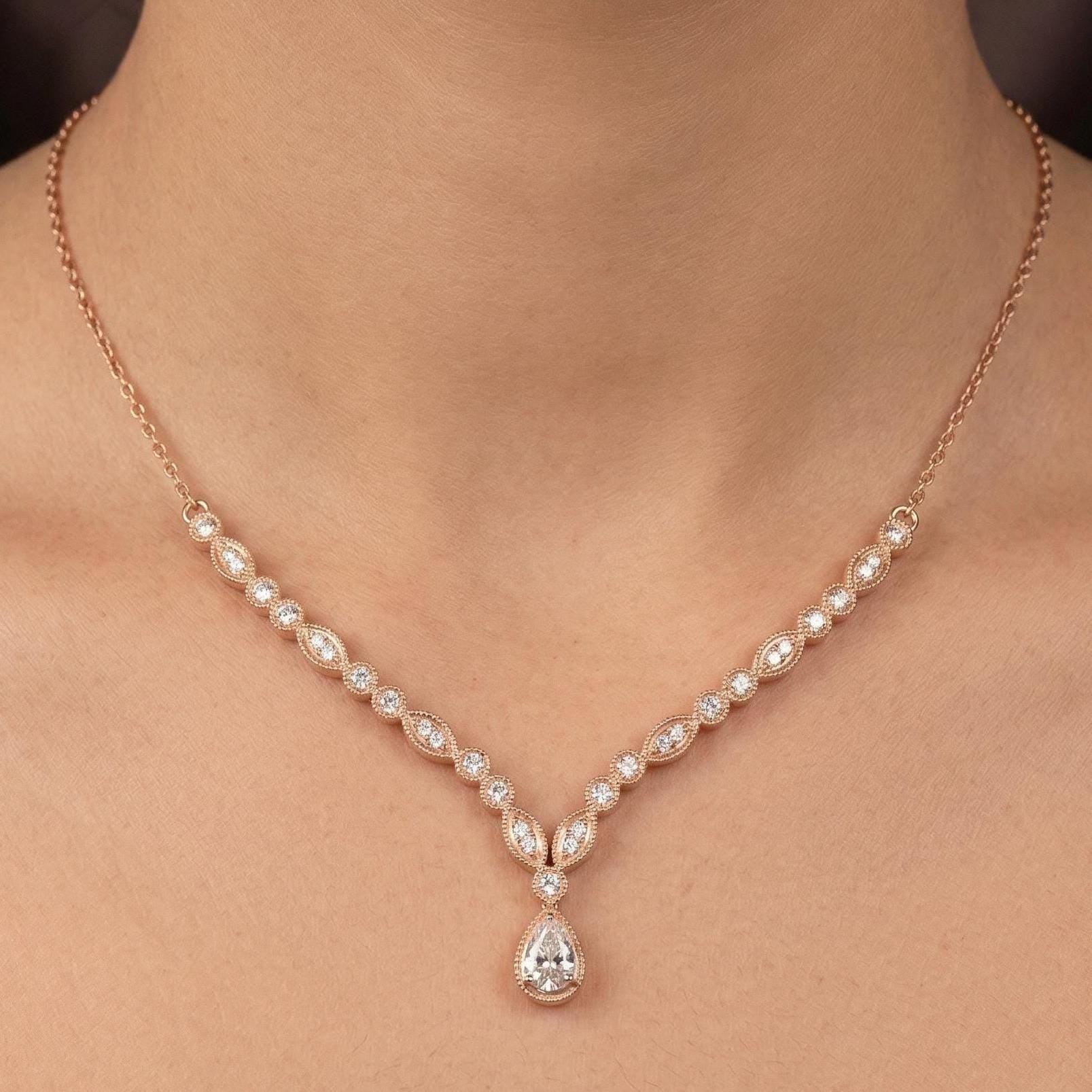 Pear Cut Moissanite Pendant Necklace, 925 Sterling Silver, Dainty Bridal Jewelry