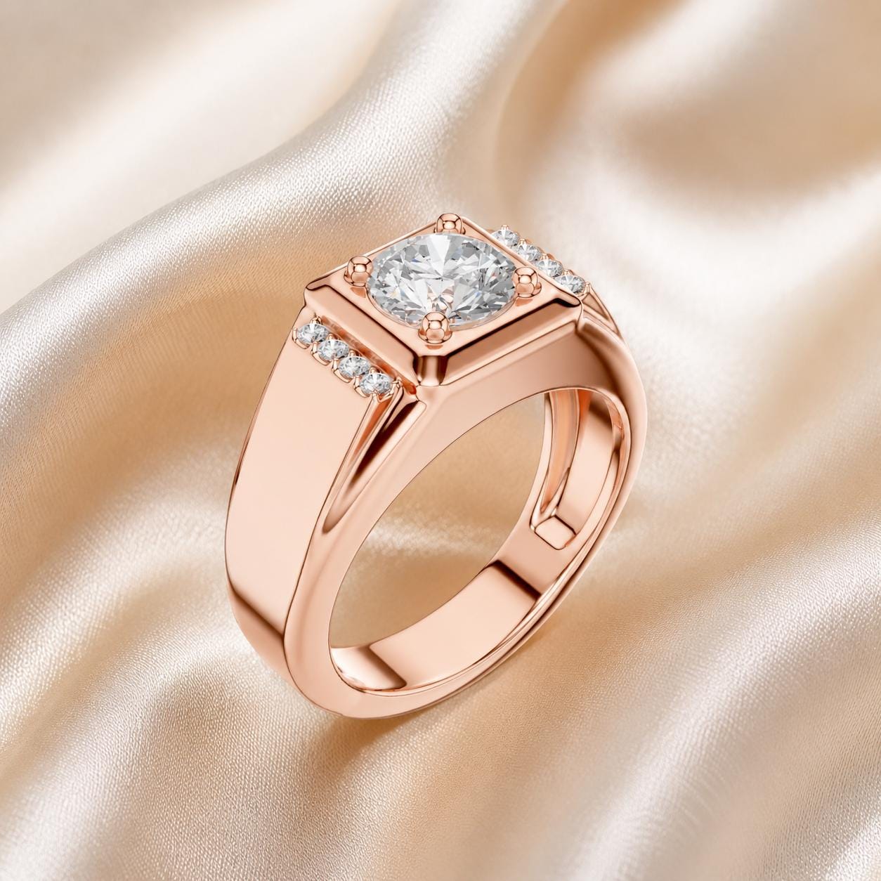 Sterling Silver Moissanite Ring for Men, Round Cut, Rose Gold Band Engagement Gift