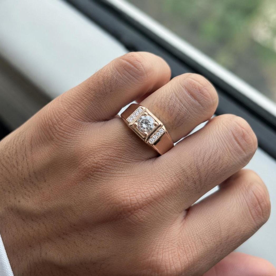 Sterling Silver Moissanite Ring for Men, Round Cut, Rose Gold Band Engagement Gift
