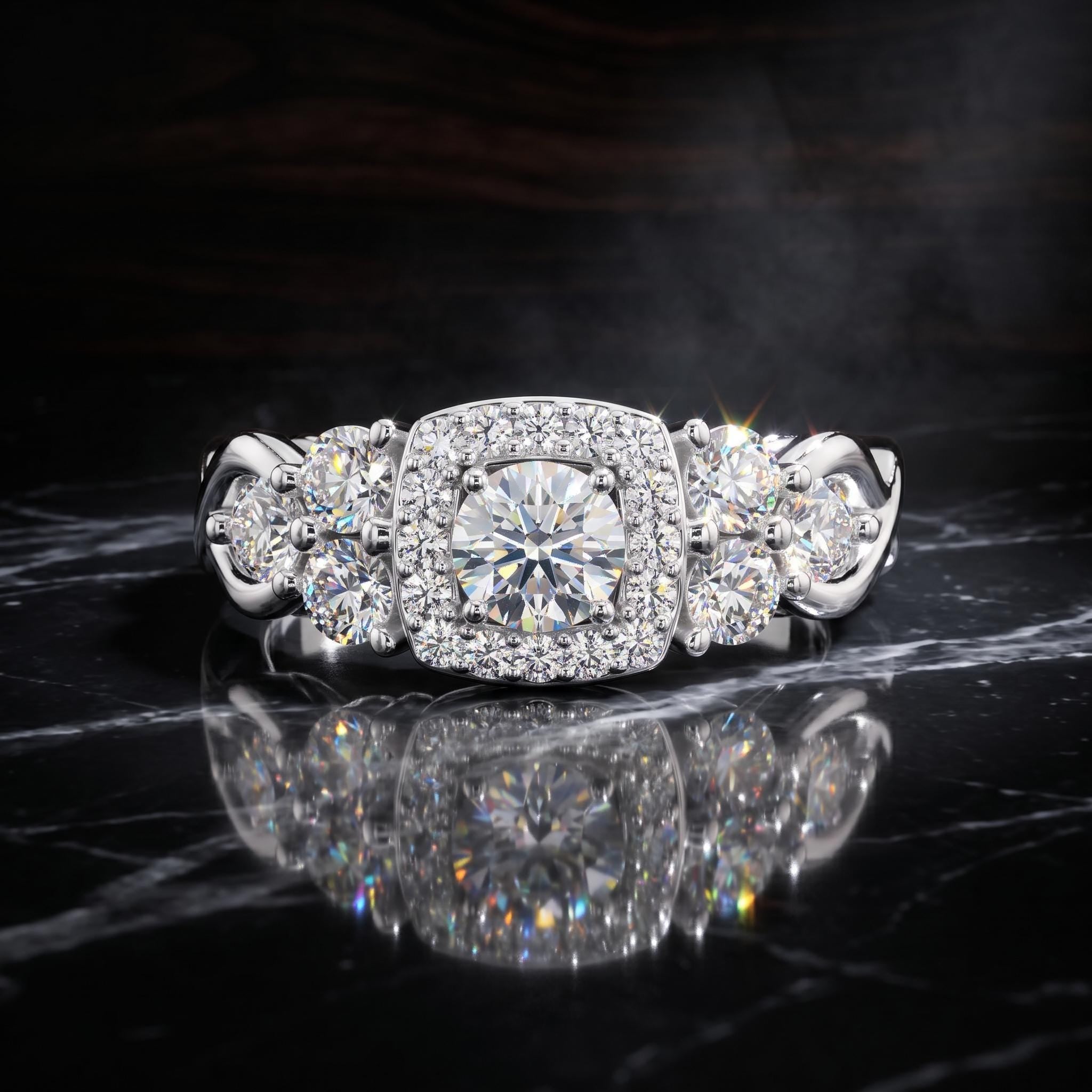 Sterling Silver Moissanite Halo Cluster Ring, Romantic Bridal Jewelry