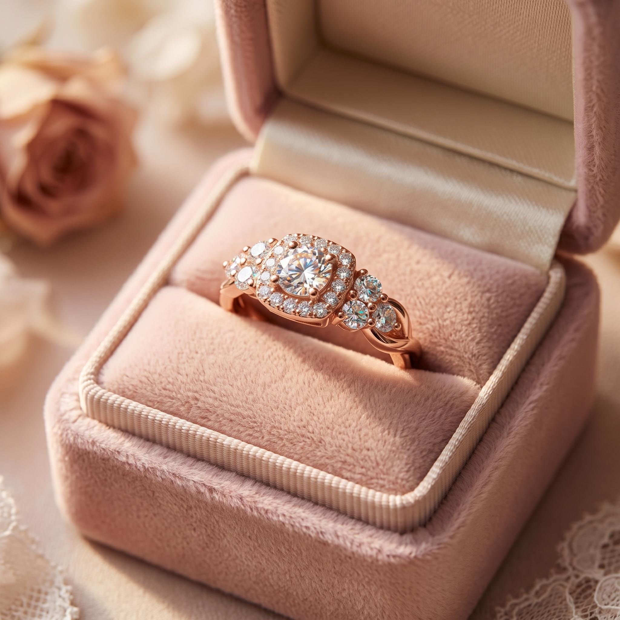 Sterling Silver Moissanite Halo Cluster Ring, Romantic Bridal Jewelry