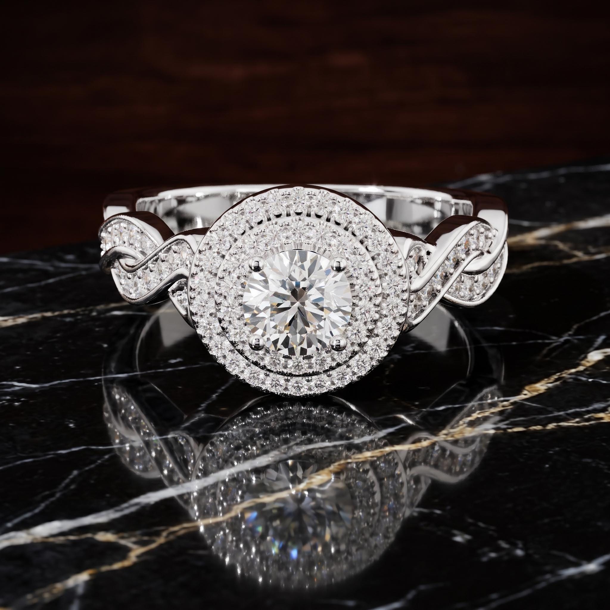 Sterling Silver Moissanite Halo Engagement Ring, Vintage Floral Design
