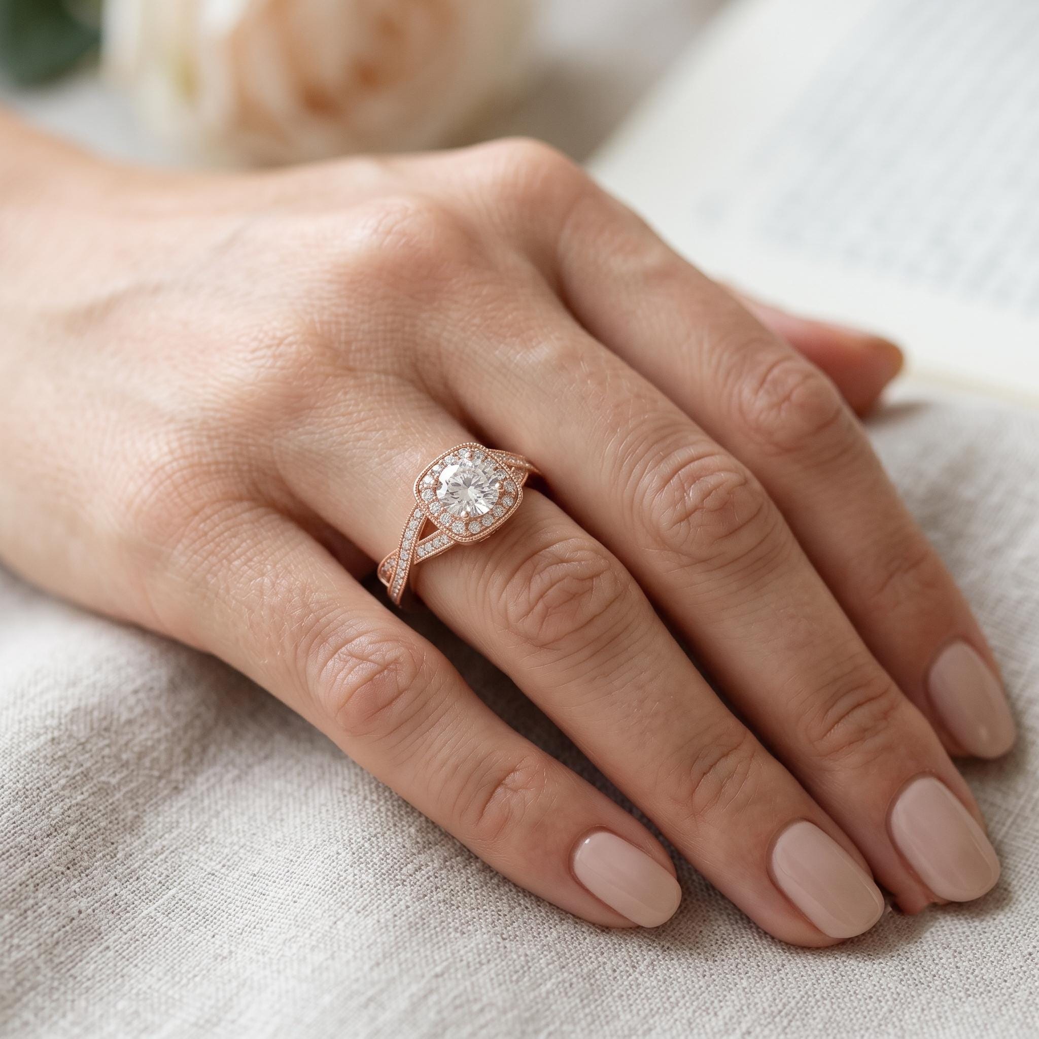 Halo Moissanite Engagement Ring, 925 Sterling Silver, Sparkling Dainty Wedding Band (Free Gift)