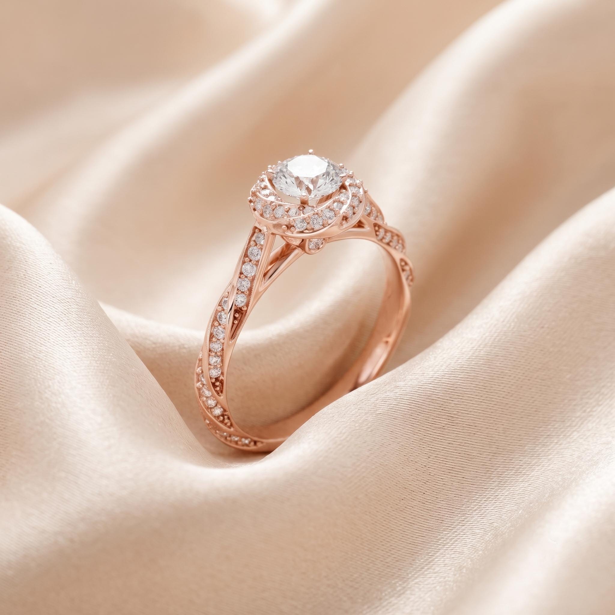Sterling Silver Moissanite Halo Engagement Ring, Round Cut, Pave Wedding Jewelry