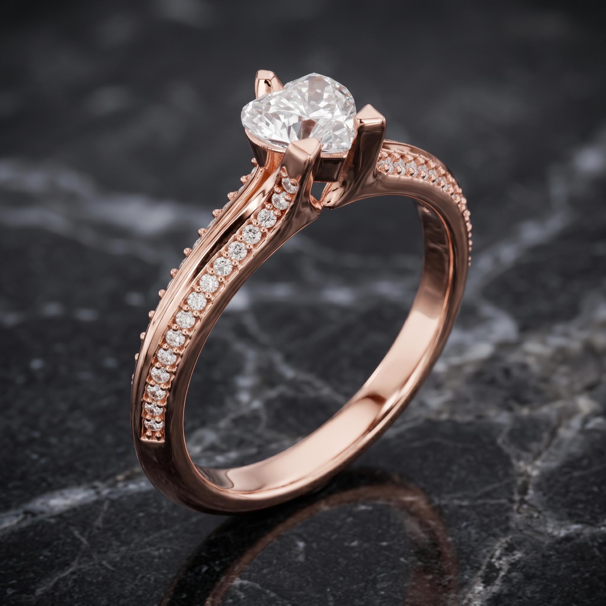 Heart Cut Moissanite Engagement Ring, 925 Sterling Silver, Radiant Cut, Vintage Style