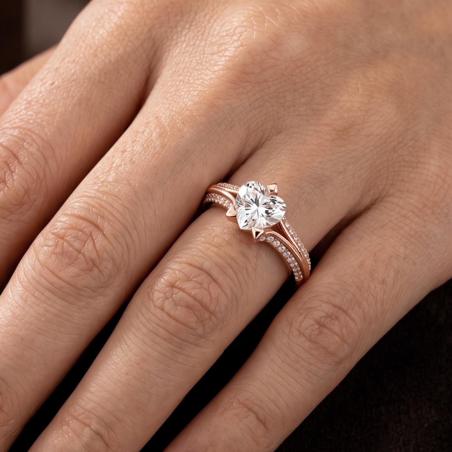 Heart Cut Moissanite Engagement Ring, 925 Sterling Silver, Radiant Cut, Vintage Style