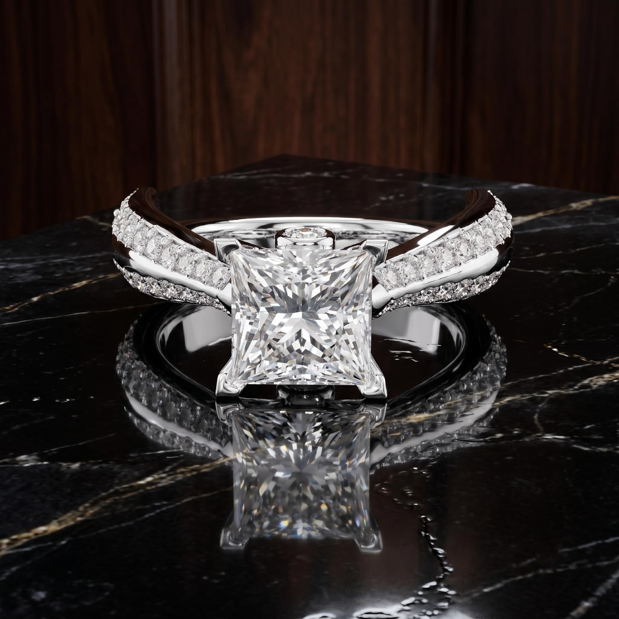 Princess Cut Moissanite Engagement Ring, Sterling Silver, Pave Band, Sparkling Statement Special Occasional Ring